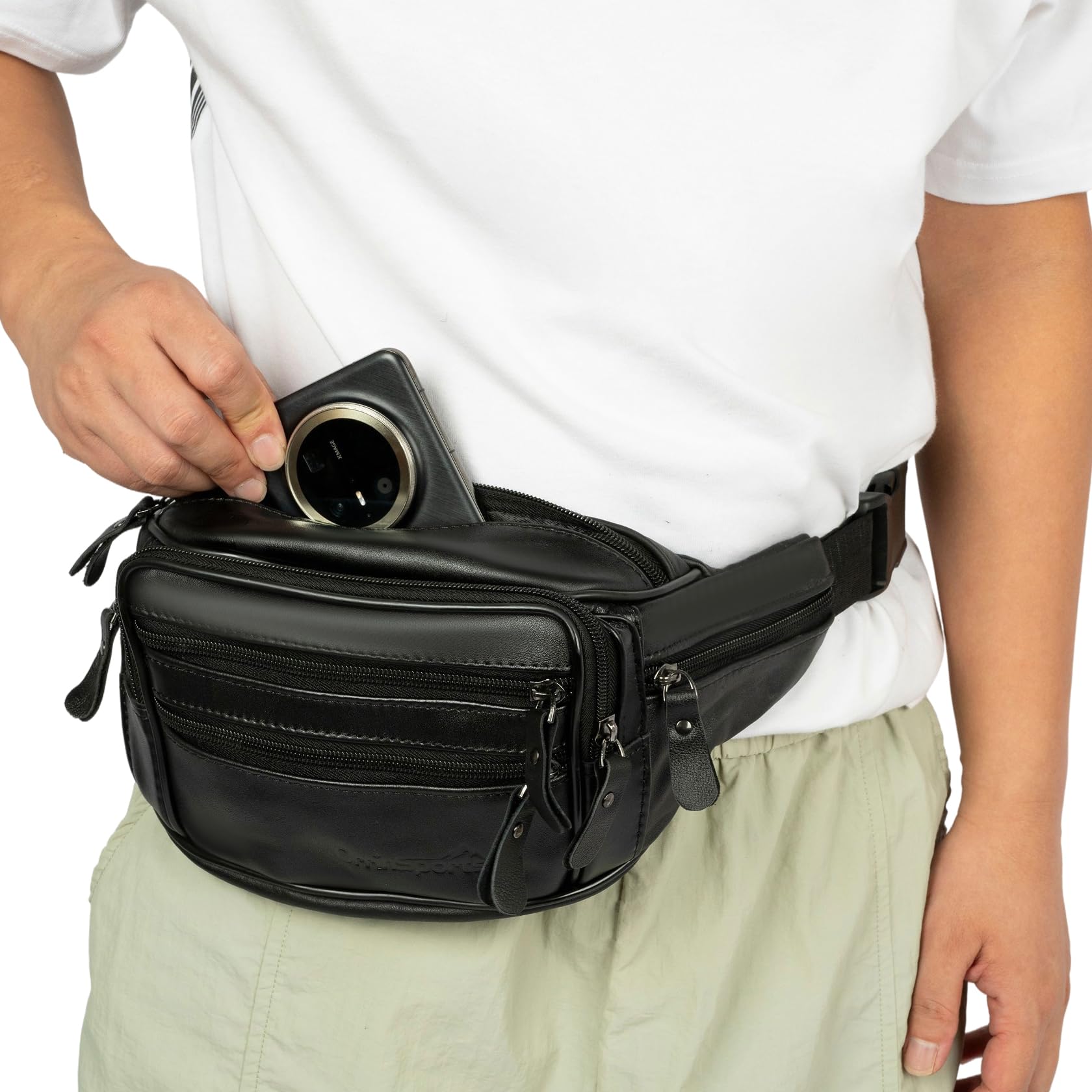 Marsupio in pelle per uomo e donna, marsupio in vera pelle con cinghia regolabile, marsupio con tasche multiple per viaggi, sport, corsa, ciclismo, escursionismo, 810#nero, 809#nero
