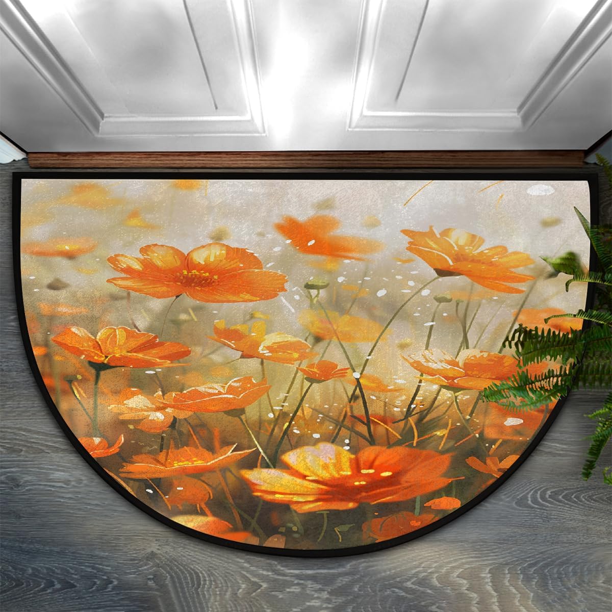 Half Round Door Mat Flower Orange Half Moon Rug Washable Half Circle Area Rugs Indoor Entrance Non Slip Semi Circle Bathroom Rugs Floor Carpet for Kithen Bedroom Fireplace Decor