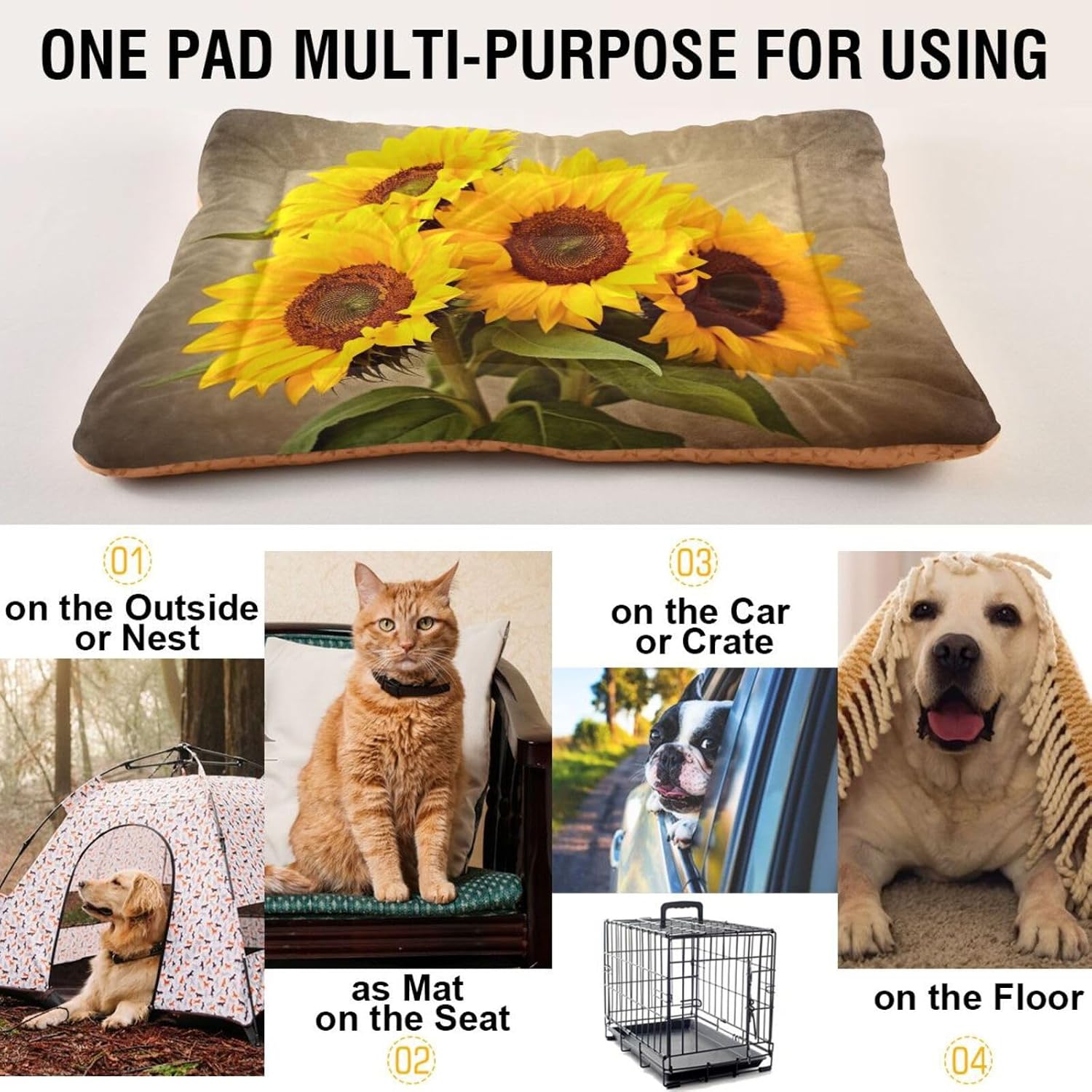 Four Golden Sunflowers Dog Bed Large Dog Beds Outdoor Dog Bed Mat Washable Pet Bed Cat Bed for Sleeping Travel 36" x 24"