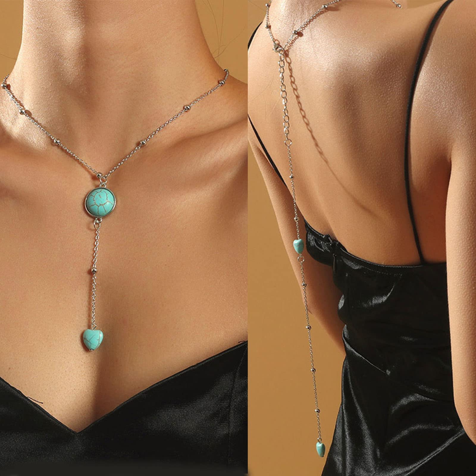 TseenYi Collar espalda turquesa Boho turquesa telón fondo collar largo corazón Y espalda gota collar plata turquesa espalda gota cadena collar verano playa boda cadena joyería para mujere niñas