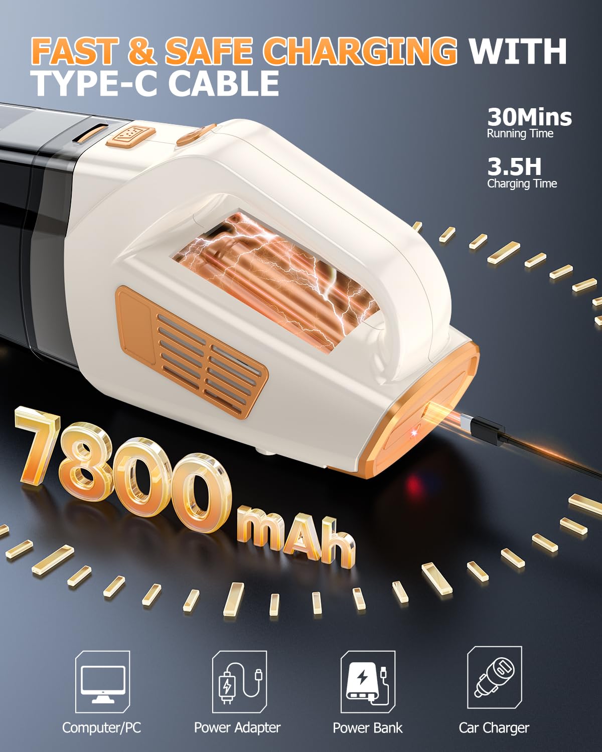 BQYPOWER Aspiradora de mano inalámbrica de 16000 PA, aspiradora de mano de succión fuerte, aspiradora de polvo, inalámbrica, recargable con múltiples accesorios, aspiradora portátil de alta potencia