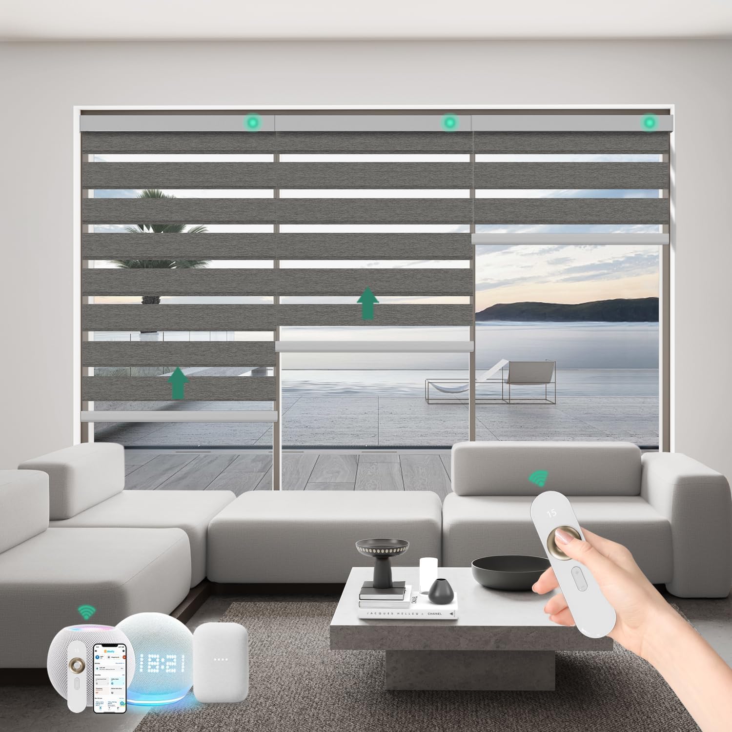 Motorized Zebra Blinds with Remote, Work with HomeKit Alexa Automatic Electric Window Shades 95% Blackout Light Filtering for Smart Home and Office, Customized Size Modern Dark Gray