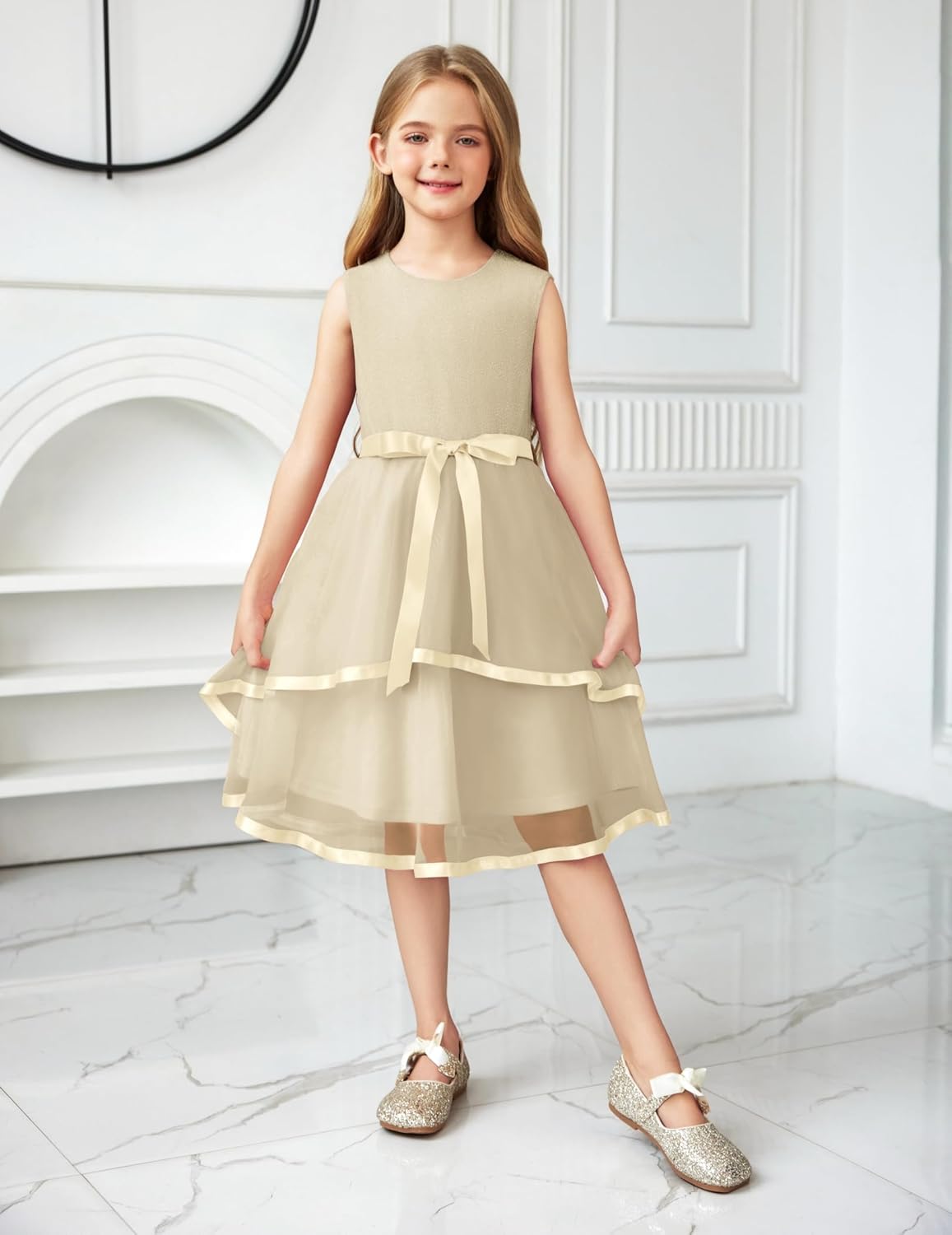 Arshiner Girls Dress Formal Party Fluffy Tulle Sleeveless Belted Dresses Size 3-11Y - Image 6