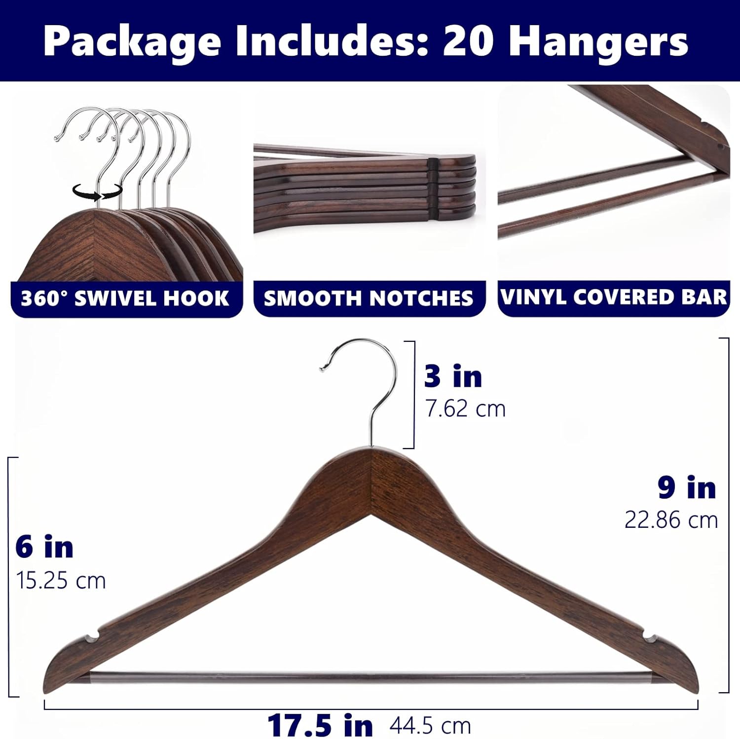 Amber Home 20 Pack Vintage Wooden Coat Hangers, Walunt Wood Suit Hangers with Non Slip Pant Bar, Clothes Hangers for Shirts, Jackets, Dress, Pant (Retro, 20) - Image 2