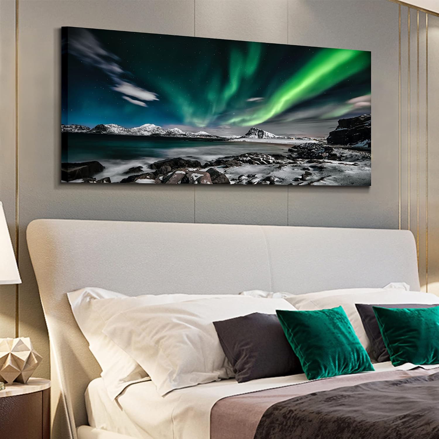 Northern Lights Canvas Print Large Green Picture Aurora Borealis Canvas Wall Art Painting for Living Room SnowyMountainsLandscape Poster Picture Wooden Framed Prints Ready to Hang image 5