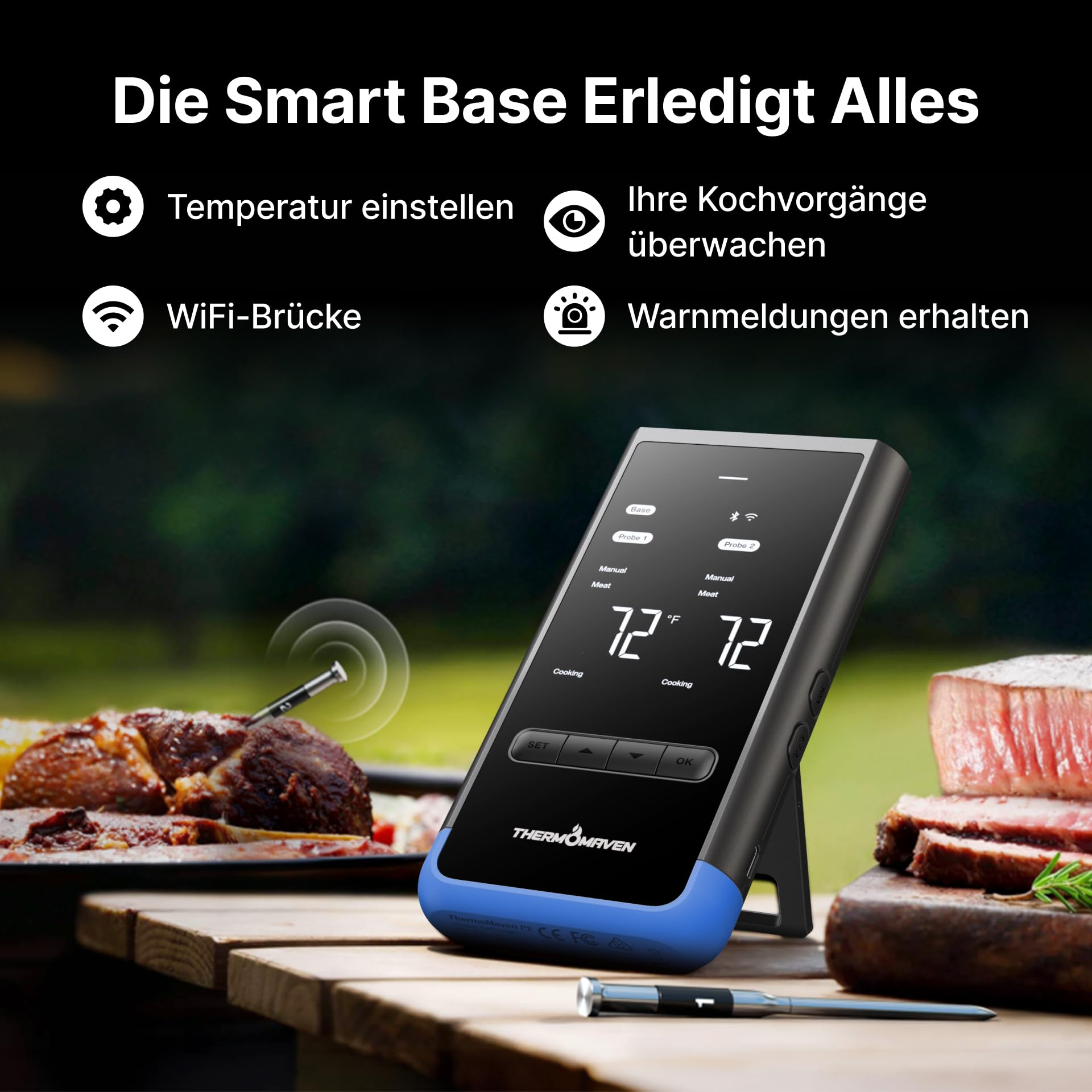 ThermoMaven Smartes Fleischthermometer Kabellose mit Basisstation, Bluetooth & WLAN, 2 Fühler, 6 Sensoren, NIST-zertifiziert, große, stabile WLAN-Reichweite, für Smoker, Backofen & BBQ, Elektroblau