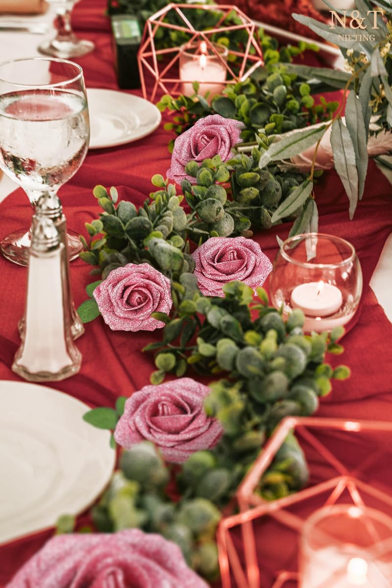 N&T NIETING Artificial Flowers Glowing Dark Pink Flowers Foam 25pcs Glitter Roses Real Looking Fake Roses with Stem for Valentine's Day DIY Wedding Bouquets Centerpieces Party Home Decorations - Image 2