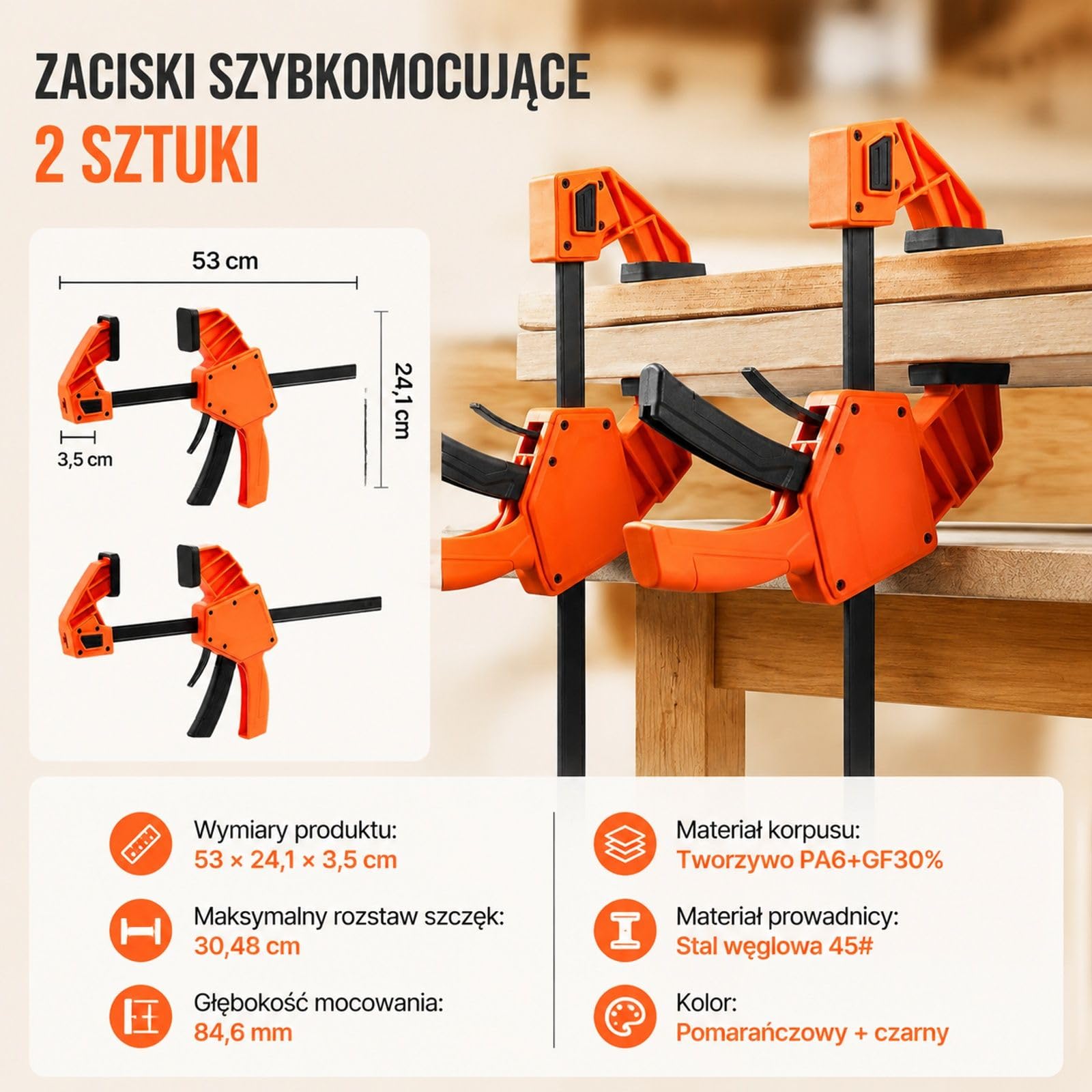 Zestaw 2 ścisków stolarskich F do obróbki drewna, korpus z tworzywa i szyna ze stali węglowej, pomarańczowo-czarny