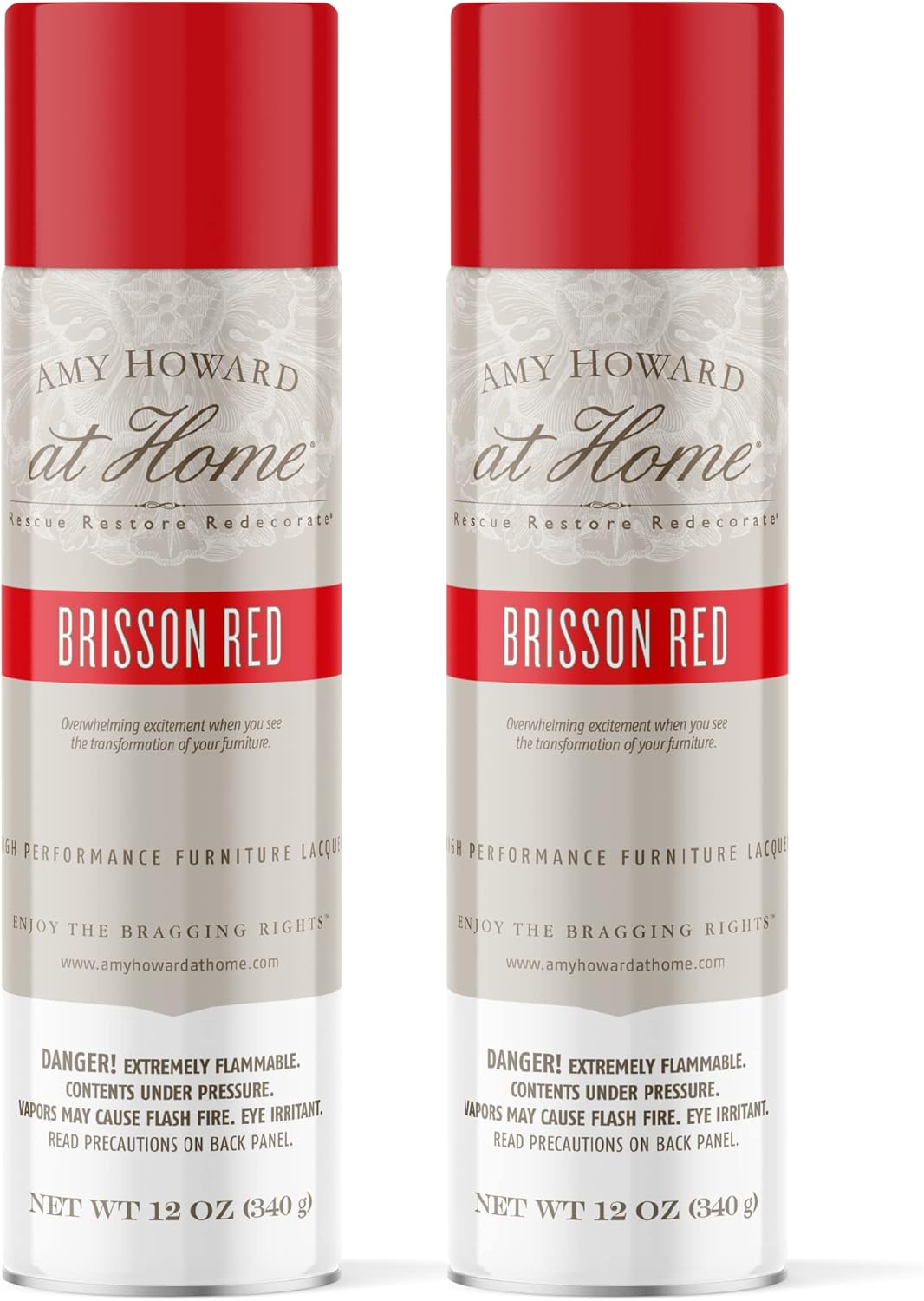AMY HOWARD AT HOME - 2 Pack Nitrocellulose Lacquer Spray Paint - Antique and Furniture Restoration - Great for Wood, Glass, and Metal - Brisson Red High Gloss Finish (12 oz)