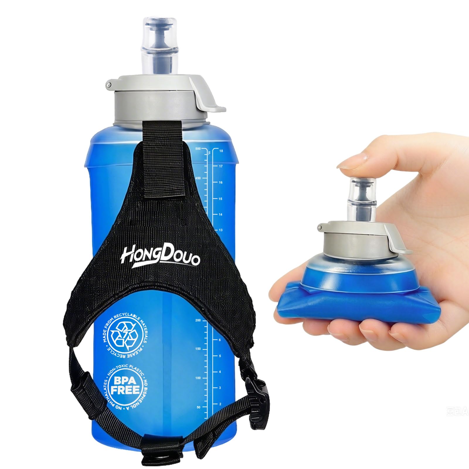 Handheld Water Bottle, BPA-Free Running Quick Squeeze Bottles, 17OZ/500ML TPU Hydration Soft Flask with Adjustable Strap, Lightweight Collapsible Water Bottle Blue