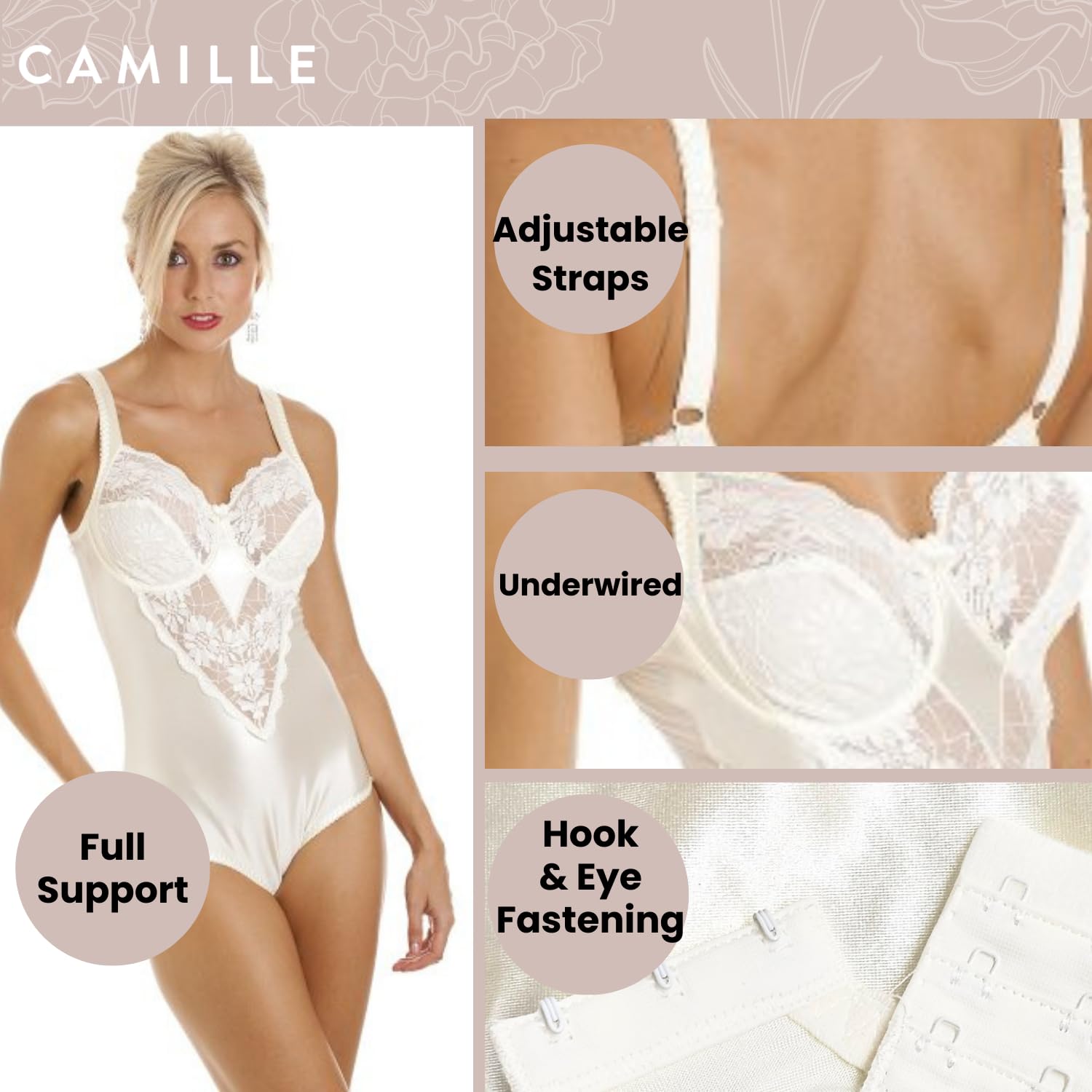Camille Body Gainant à Armatures et Dentelle - Ivoire 100G