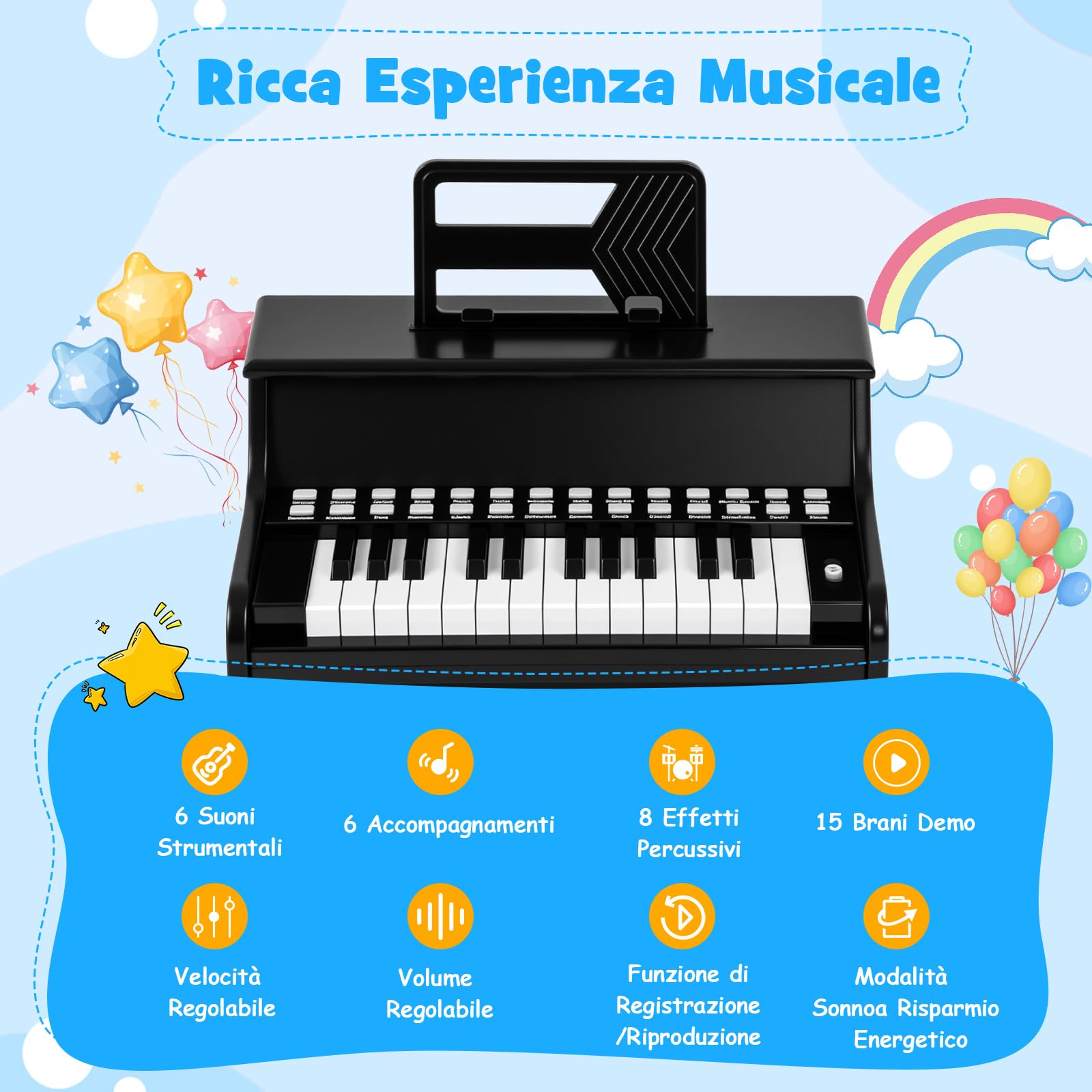 COSTWAY Tastiera Pianoforte per Bambini a 25 Tasti, Mini Pianoforte Digitale Giocattolo, con Velocità e Volume Regolabili, Tasto Luminoso e Leggio Rimovibile, per Ragazzi 3+ Anni (Nero)