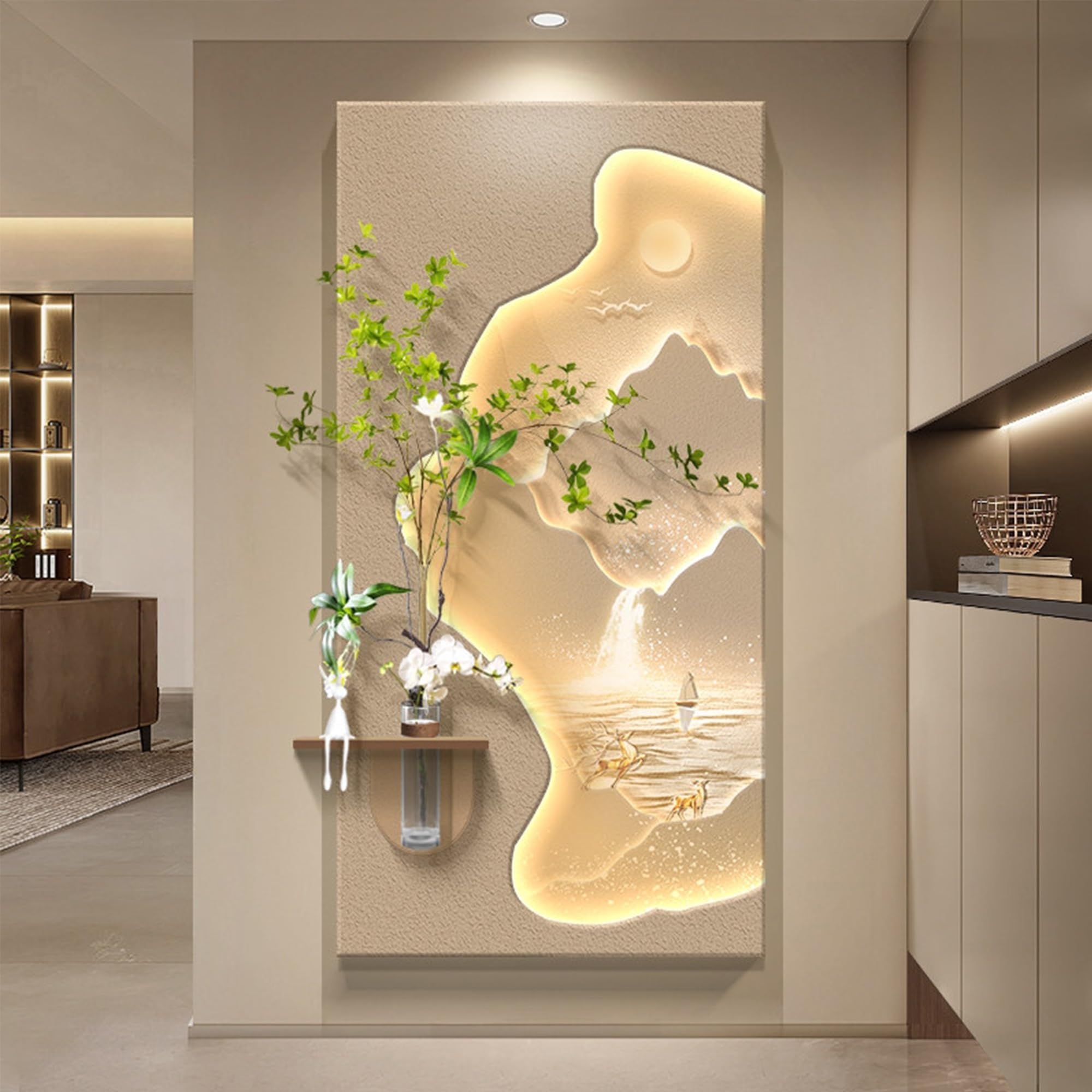 NZVZGKTNTW Realistic Sandstone Texture Wall Art, Framed Abstract Decor Modern Light Up Painting With Vase Design For Entryway Or Hallway(White-b,50x100cm (19.7x39.4in))