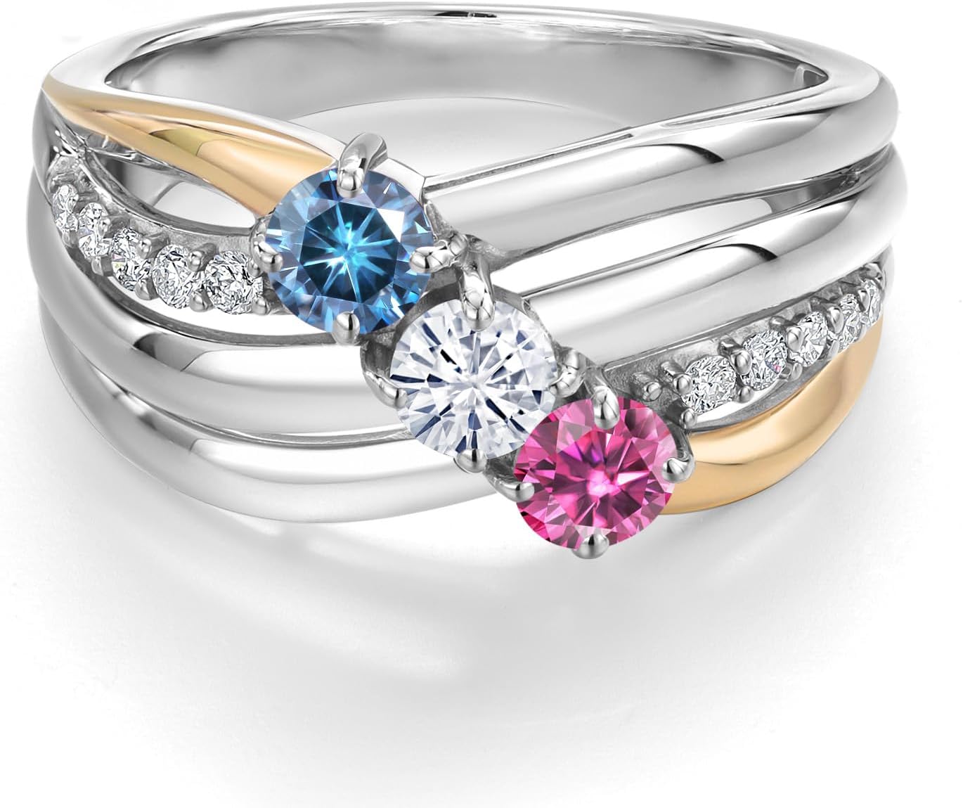 Gem Stone King Customized Personalized Engraved 3-Stone Mothers Ring For Women | 925 Sterling Silver and 10K Yellow Gold | 4MM Round Gemstone Birthstone and Lab Grown Diamond | Size 5, 6, 7, 8, 9