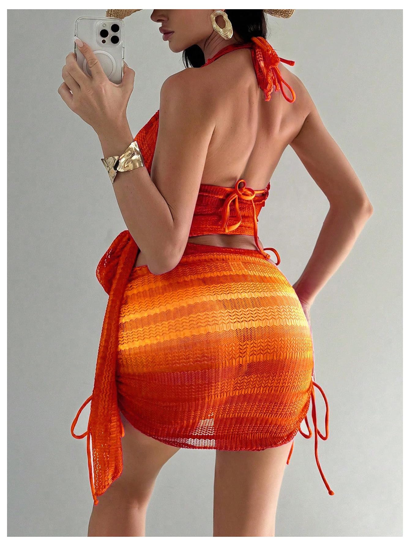 Women's 4 Piece Crochet Knit Swimsuits Triangle Halter Bikini Set with Cover Ups Swimwear