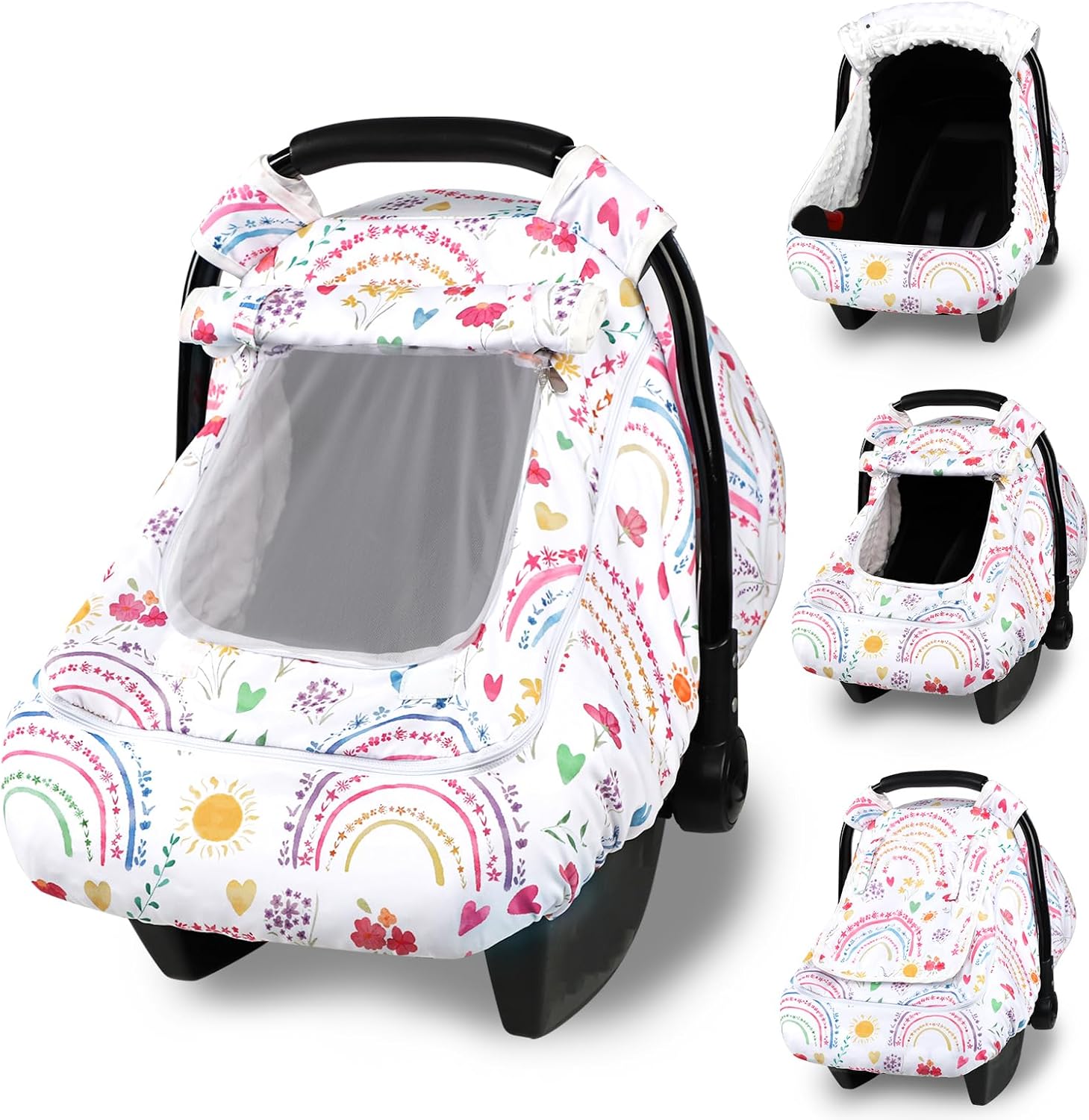 Winter Car Seat Cover Baby with Sunshade & Dual Zipper Windows – Minky Bubble Lined Windproof Soft Shell, Warm Newborn Car Seat Canopy Covers, Elastic Bottom for Stroller & Infant Car Seat, Rainbow
