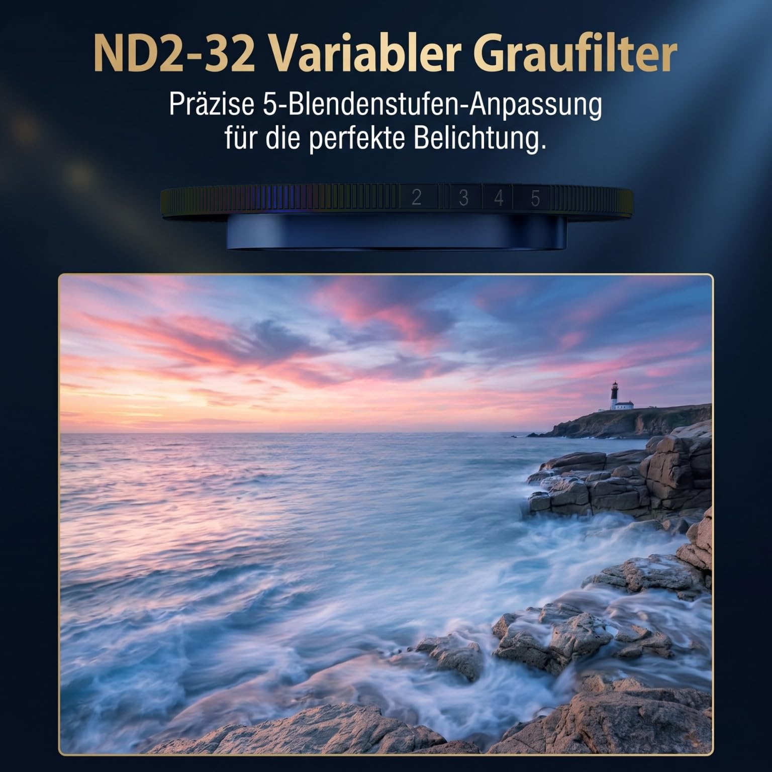 Snap-On Verstellbarer ND-Filter VND2-32 für iPhone 17 Pro & Pro Max, 11,2g Ultraleichter Kamera Graufilter, AGC Optisches Glas mit 28-Schicht-Vergütung, Anti-X-Effekt Handy Foto Zubehör (blau)