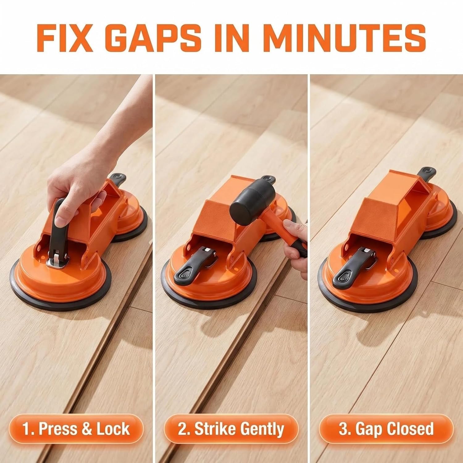 Floor Gap Fixer Tool Heavy Duty 45°Striking Surface Floor Gap Repair Tool Made of Iron & Enhanced Suction Cup with Slot Cutter, Hammer and 5pcs Sticky Pads for Fixer Laminate/Vinyl Flooring Tools