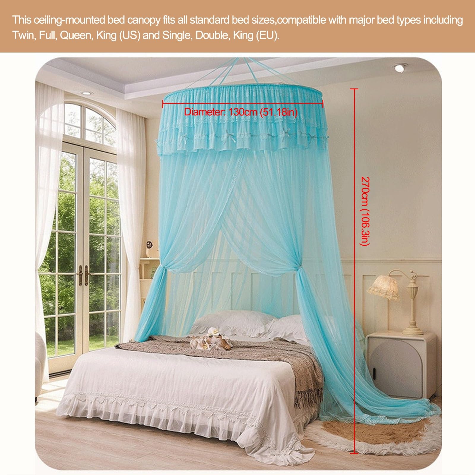 SARKEY Prinzessinnen Betthimmel,Atmungsaktives Mesh Zelt Bett Vorhang,Runde Kuppelspitze,Feines Durchsichtiges Netz,Erwachsene,Hochzeit,Schlafzimmer Dekoration(Light Blue)