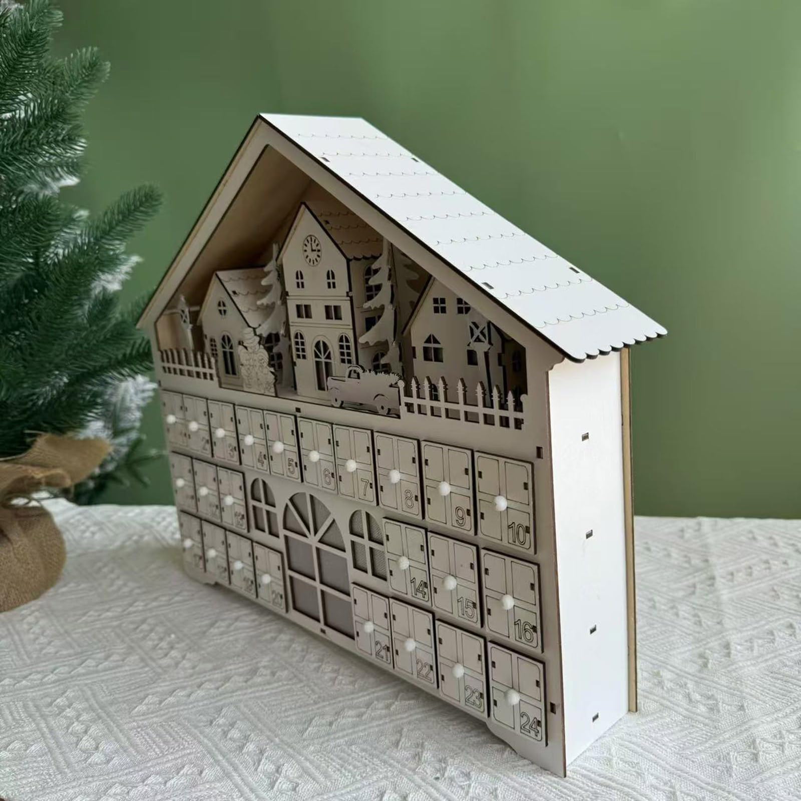 Holz LED beleuchteter Adventskalender, Weihnachts-Adventskalender, mit LED-Lichtern und 24 Schubladen, Holzdeko