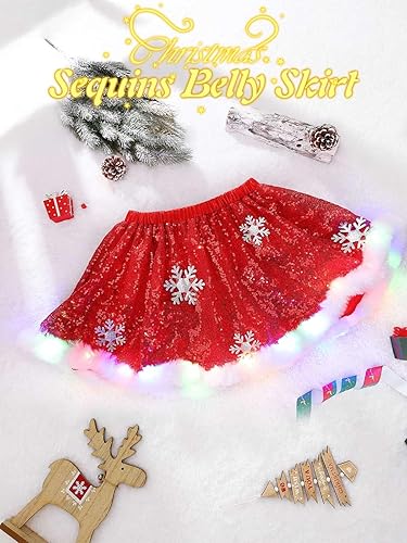 Miniatura 7 de REETAN Falda de lentejuelas de Navidad iluminada con copo de nieve, falda de vientre de Navidad brillante para mujeres y niñas, color rojo, Rojo -