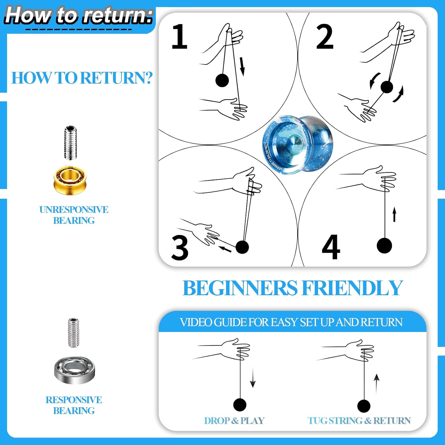 Professional Unresponsive Yoyo for Pros and Responsive Yoyos for Kids Beginners, Package Includes Replaceable Responsive Bearings, yo-yo Gloves, and 5 yo-yo Cords(Blue Silver)