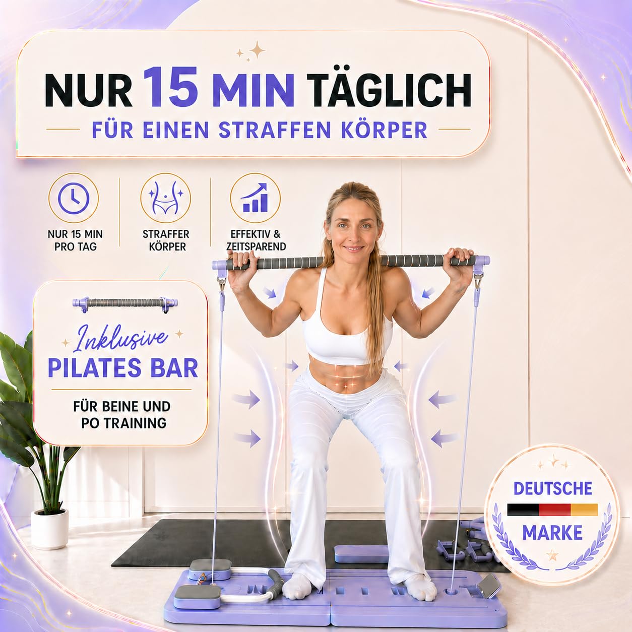 Yosana Pilates Board I Reformer für Zuhause I 8-in-1 Fitness Board faltbar & tragbar I Bauchtrainer inkl. Knie Kissen, Widerstandsbändern & Pilates Bar I verbessertes Design
