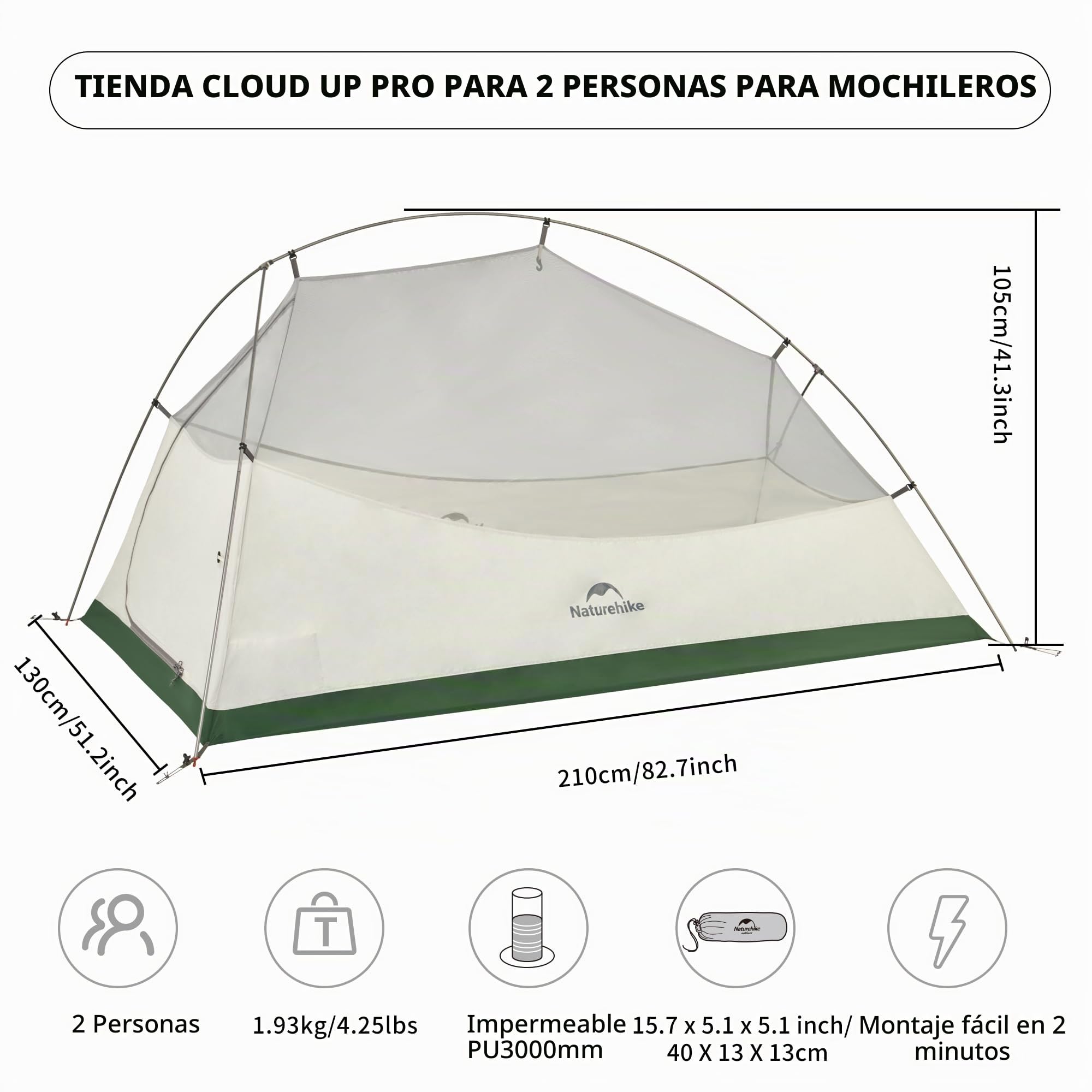 Naturehike Cloud Up Pro Tienda de campaña ligera para 2 personas, fácil montaje, resistente al viento e impermeable, para viajes al aire libre, trekking