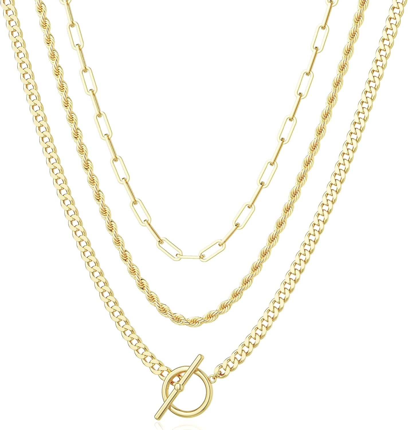 Gold Plated Necklaces for Women - Dainty Layered 14K Gold Plated Stack Paperclip Rope Cuban Toggle Link Chain Choker Necklace Set Chunky Trendy Jewelry Gift - Image 9