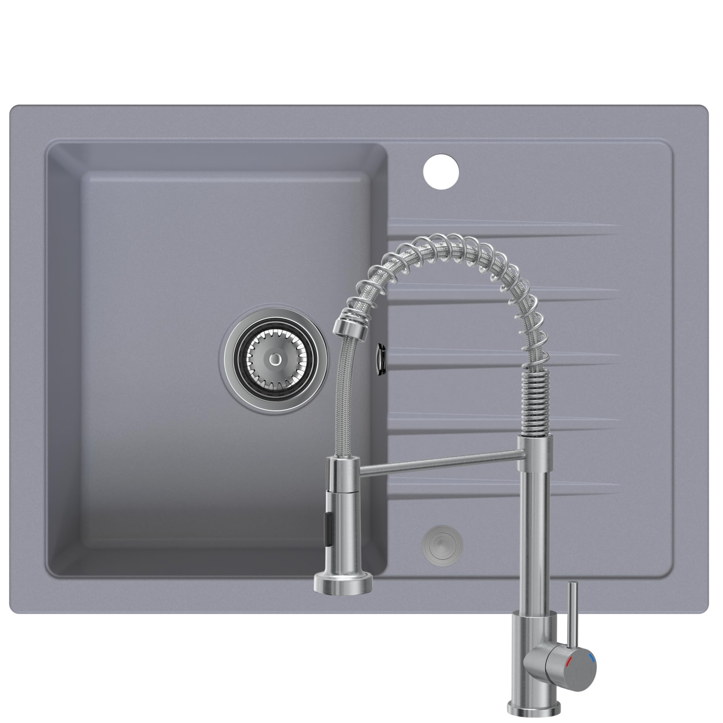 SINK Quality zlewozmywak szary z zestawem armatury 68 x 49,5 cm – zlewozmywak z kranem, syfonem Push i środkiem impregnującym – kompletny zestaw do szafki pod umywalkę z 45