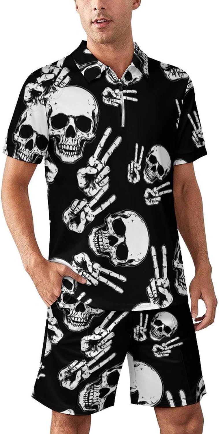 Skull Peace Sign Hand Mens Polo Shirts Track Suits 2 Piece Short Sleeve Sweatsuit 1/4 Zip Golf Loungewear for Sports