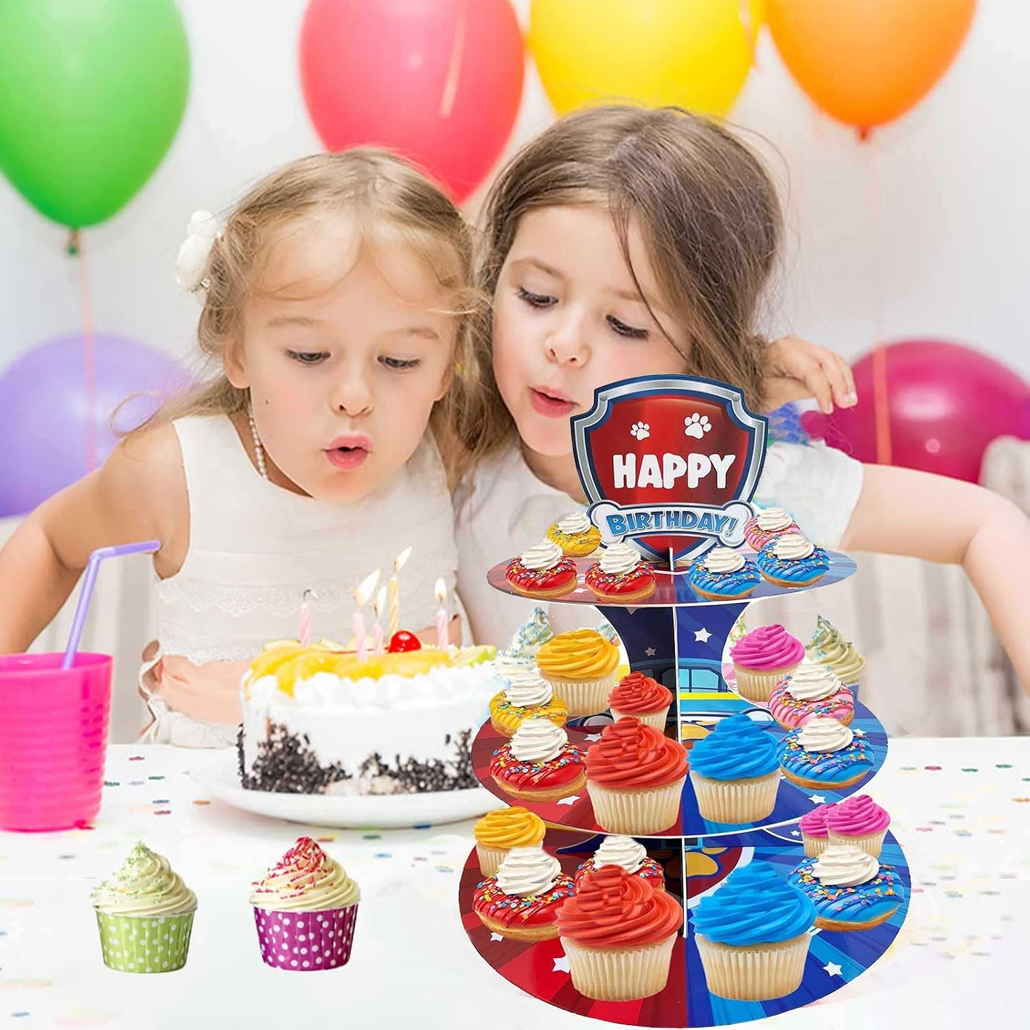 Cartoon Dog Theme Cupcake Stand Kids Birthday Party Decorations Red Blue Pink Yellow 3-Tier Cupcake Toppers Stand Cartoon Dog Party Supplies Cake Table Decoration