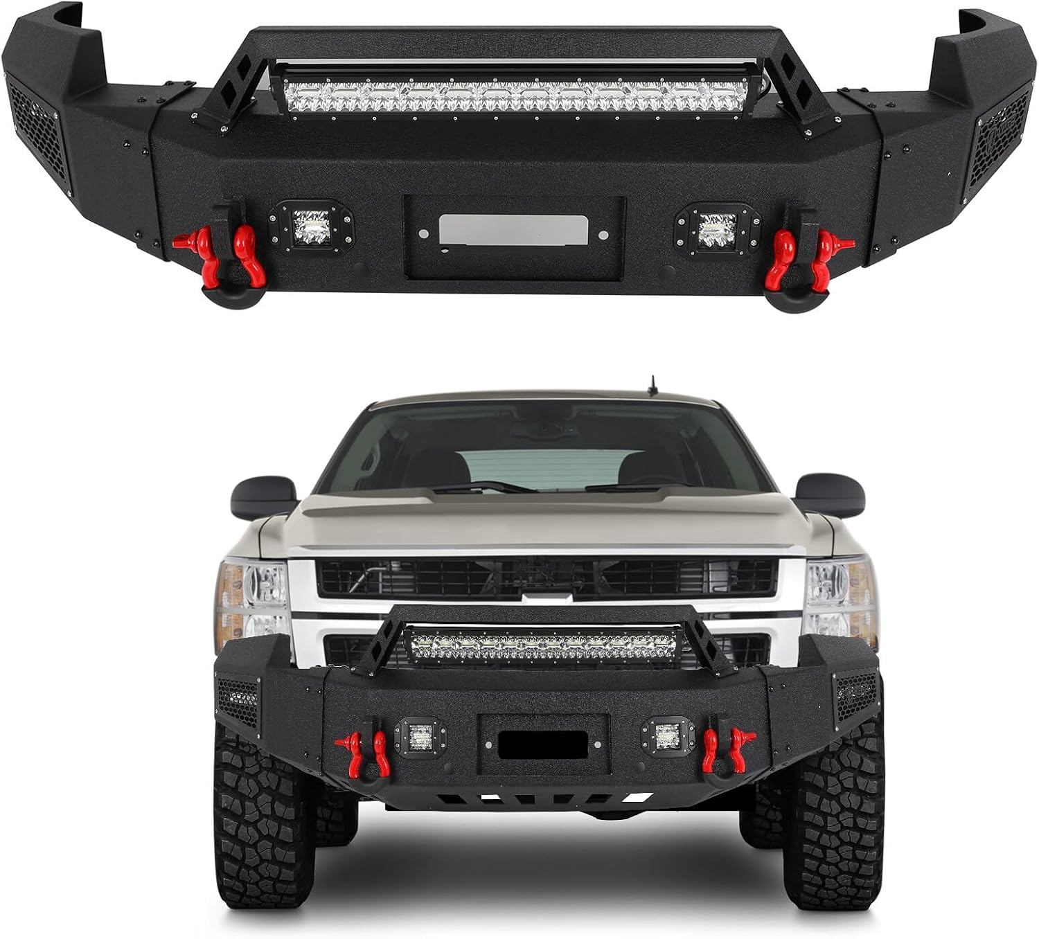 SCITOO Heavy Duty Steel Front Bumper Fit For 2007-2010 For Chevrolet Silverado 2500 HD 3500 HD Texture Black Bumper Winch Plate & With D-Ring LED Lights