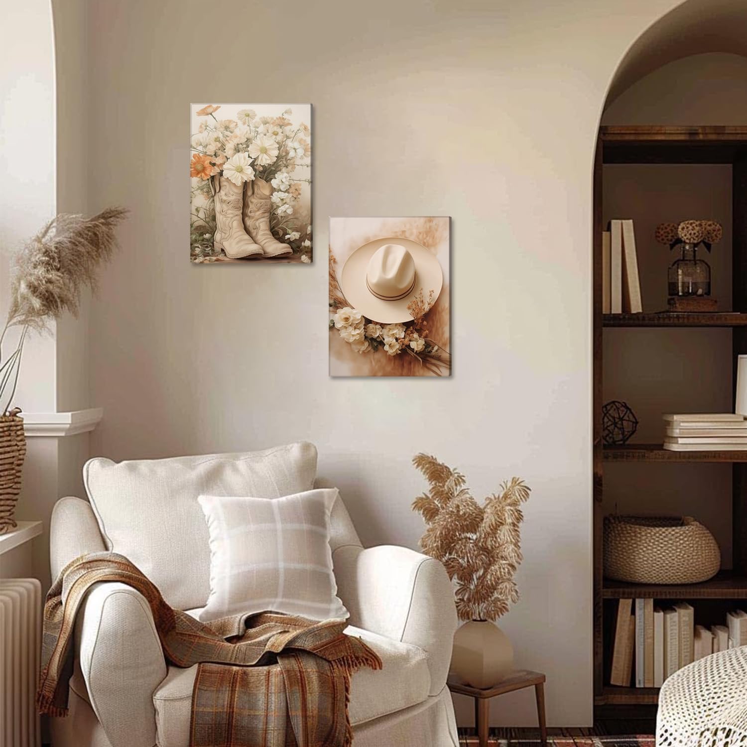 Floral Cowgirl Boots Canvas Wall Art Set of 2, Cowboy Hat with Flower Wall Decor Paintings, Trendy Preppy Western Aesthetic Prints Pictures, for Girls Bedroom Living Room Dorm 12x16 inch Framed - Image 9