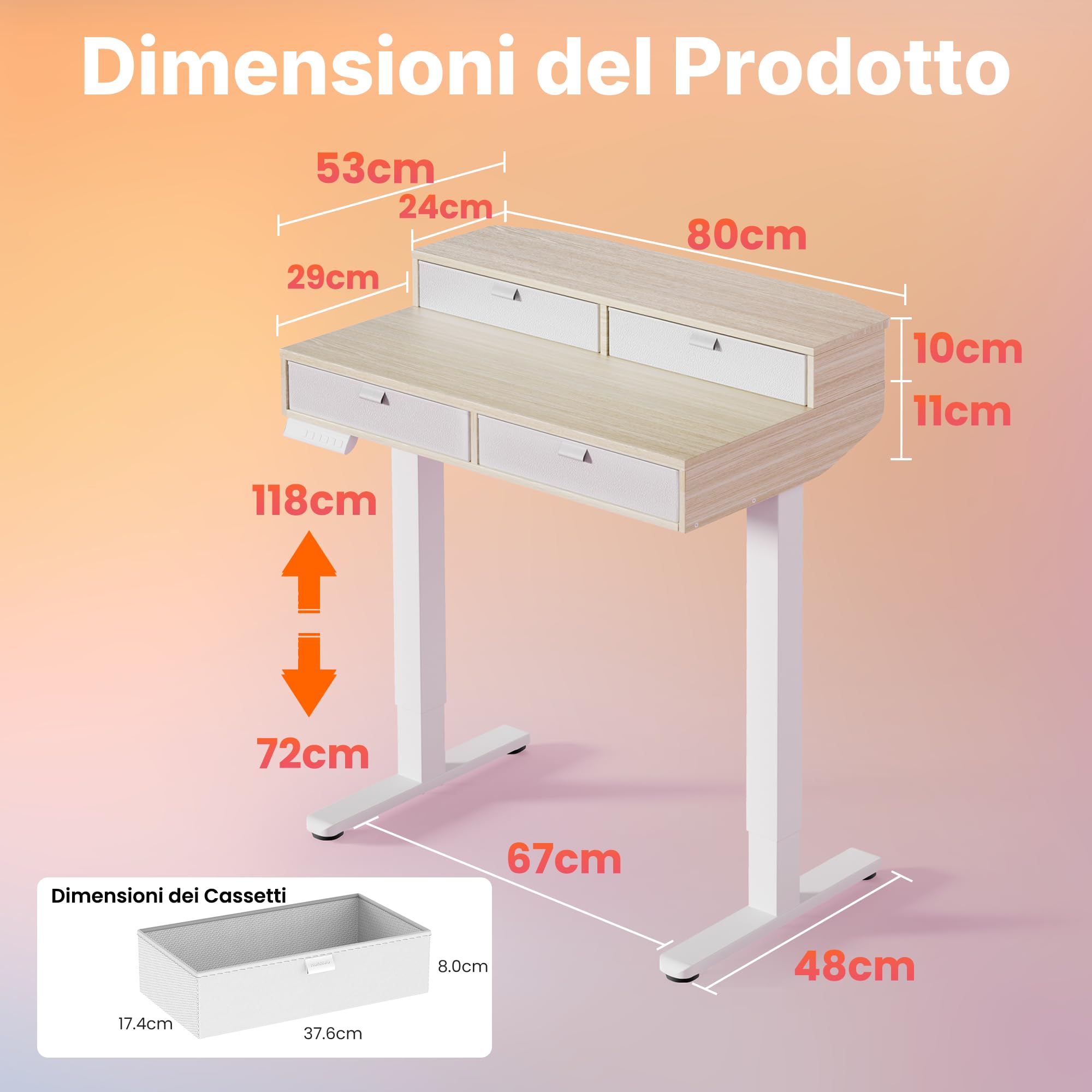 HUANUO 80 x 53 cm Piccola Scrivania con Cassetti, Compatibile Supporto a Morsetto a C, Scrivania Regolabile in Altezza, Scrivania Stand Up Ufficio Domestico 4 Altezza