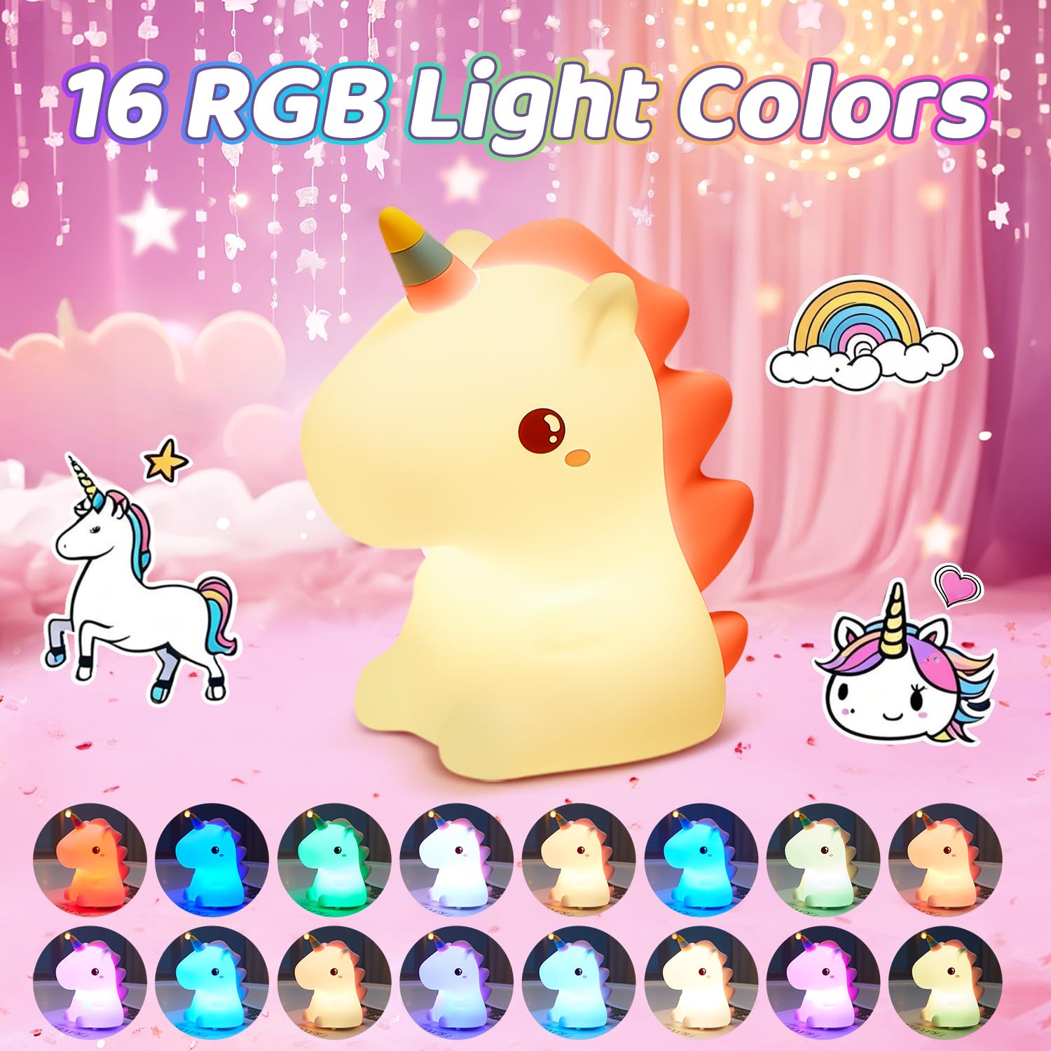 One Fire Luce Notturna Bambini, Unicorno Bambina Regalo Battesimo,16 Multicolori Silicone Lampada Notturna per Bambini, USB Ricaricabile LED Luci Notturne per Bambini Cameretta Bambina Regalo Neonato