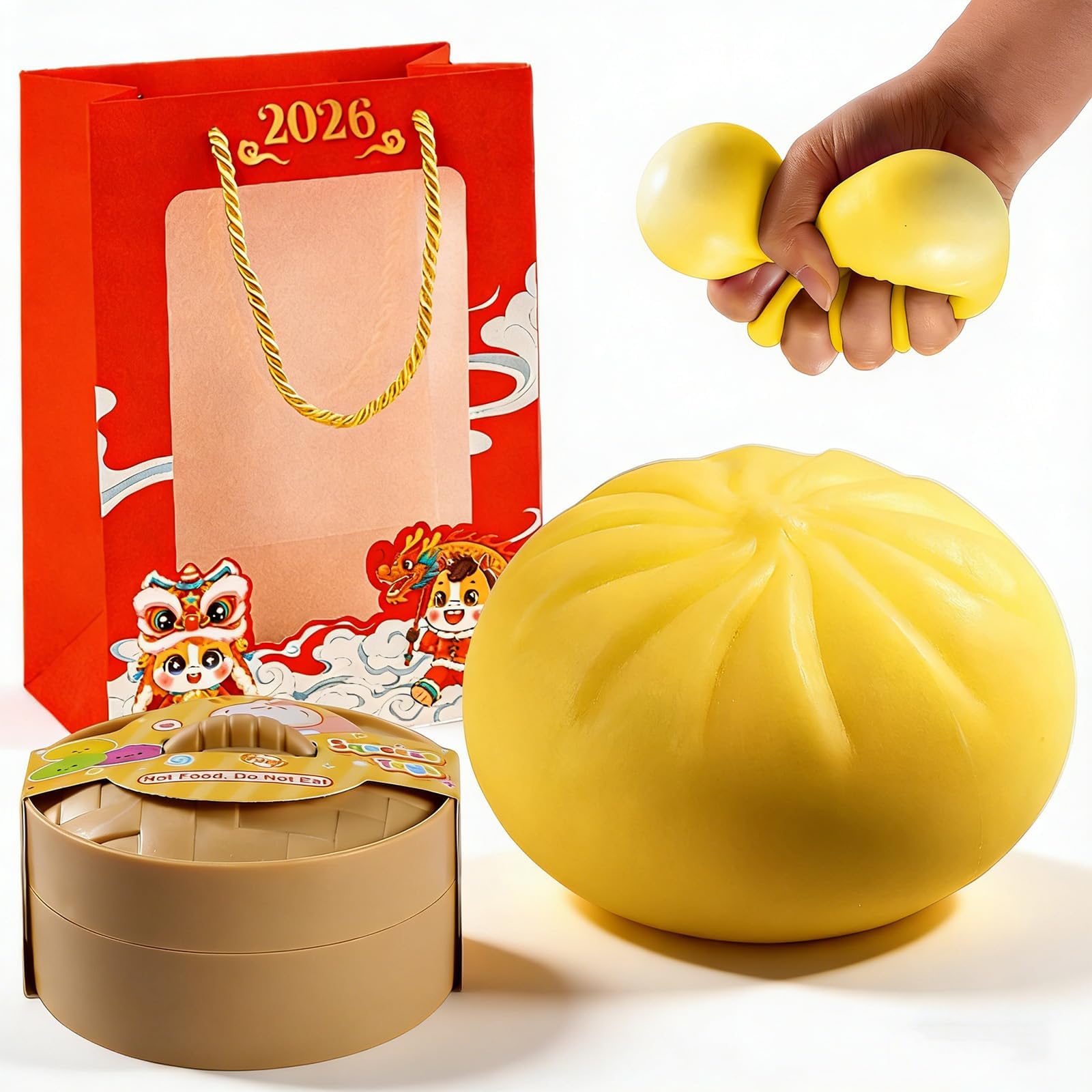 Dumpling Squishy, 2026 Upgrade Large Squishy Dumpling Toy Mystery Box, Soft Tpr Squeeze Fidget Toys with Food Steamer, Easter Basket Stuffers for Stress Relief (1PCS Yellow)