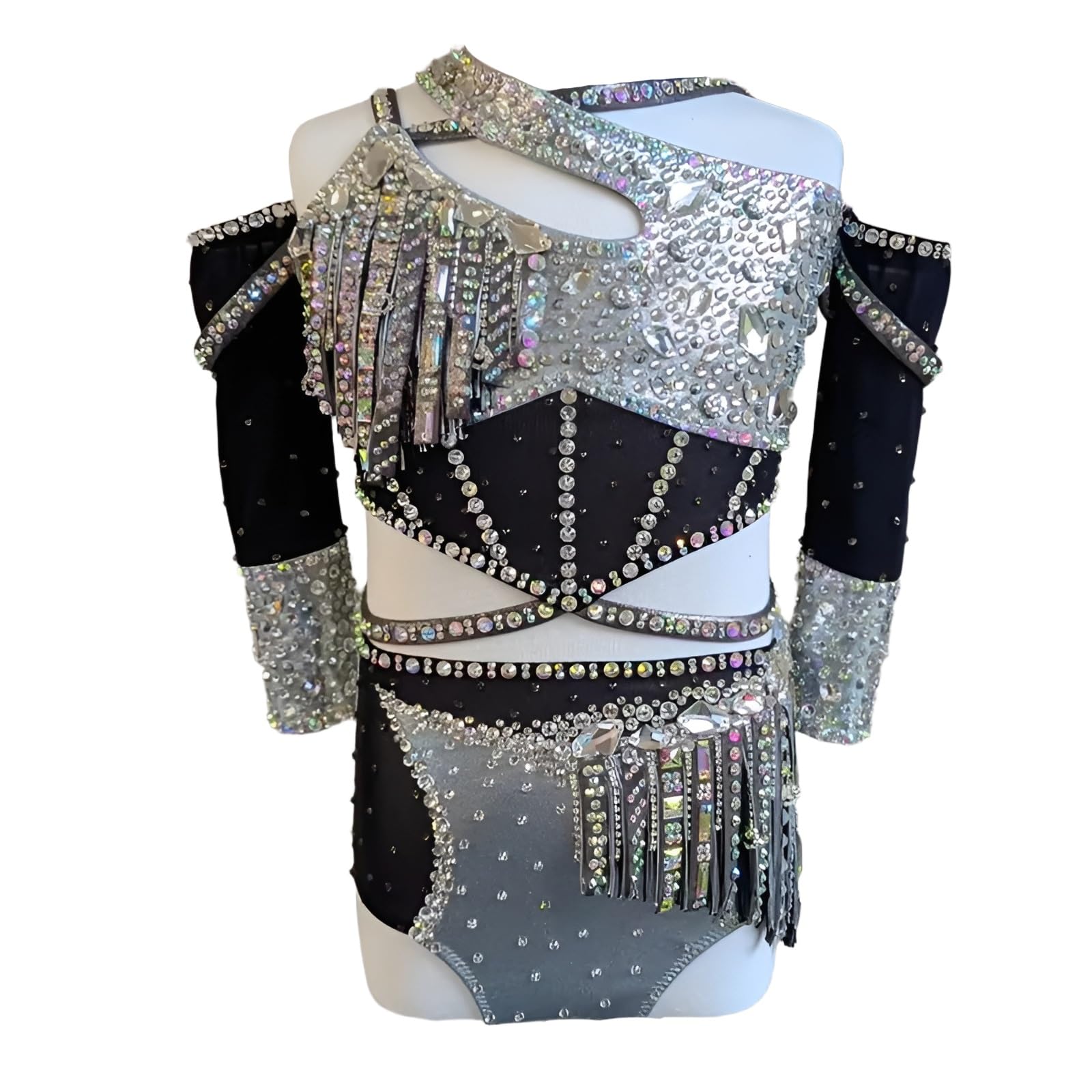 Dziewczęcy Kobiety Błyszczący Rhinestone Fringe Liryczny Kostium Taneczny Off Shoulder Wycięcie Strój Jazzowy Do Występów Na Zawodach