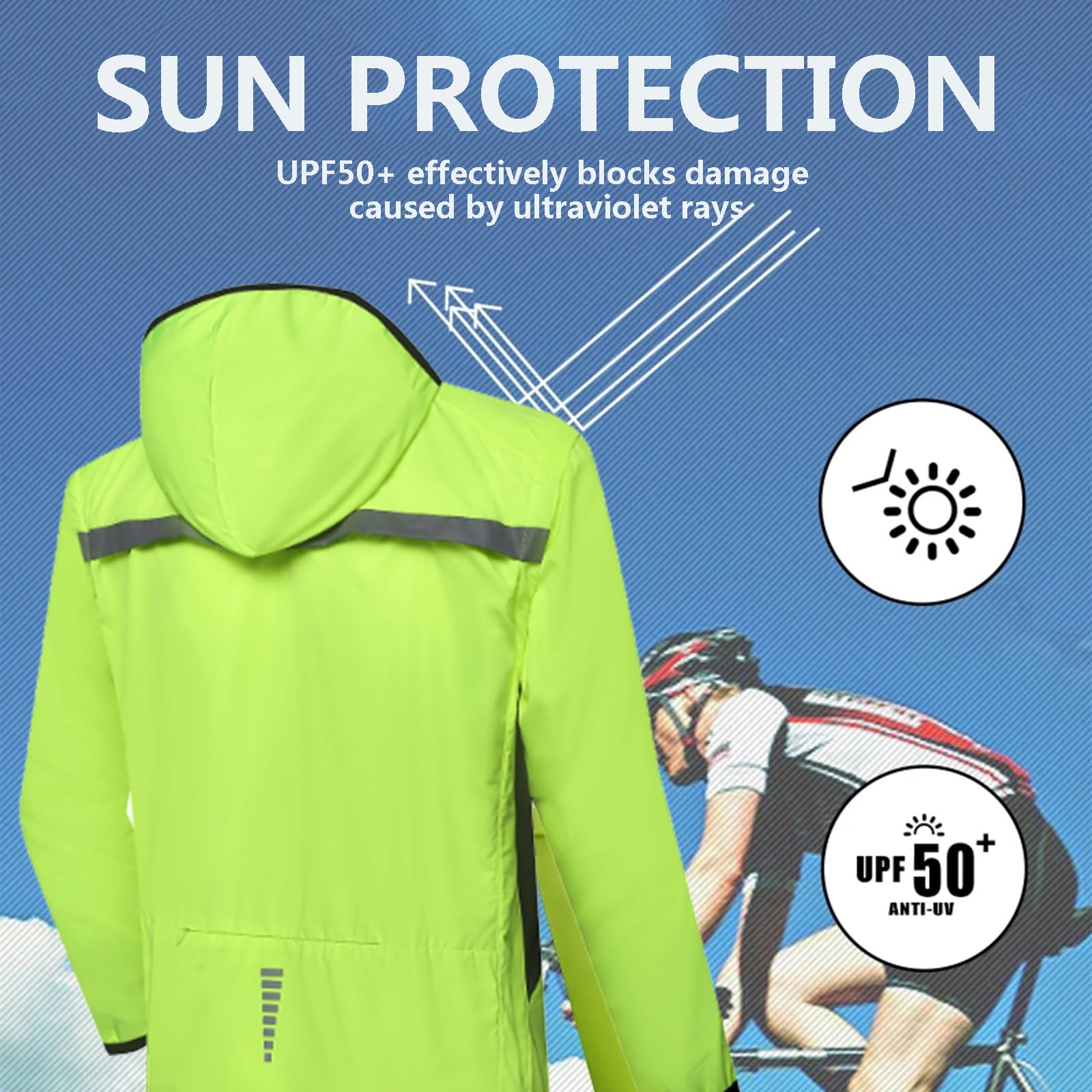 Zwei-in-Eins-Reflektierende wasserdichte Fahrradjacke mit Kapuze für Herren und Damen mit Abnehmbaren Ärmeln, Windjacke mit Durchgehendem Reißverschluss und Kapuze,Green-3XL