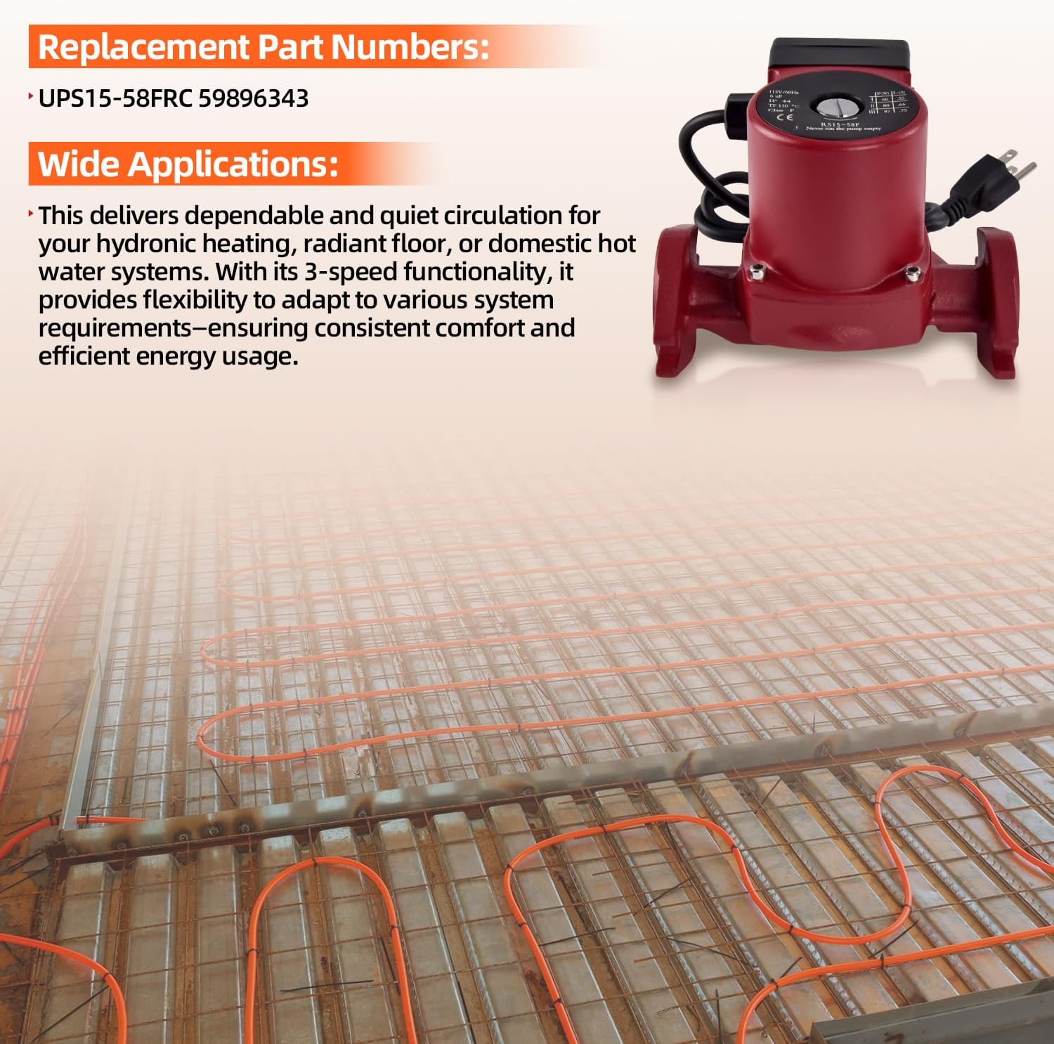 UPS15-58FRC Water Circulator Pump 3-Speed, 1/25 HP, 115V Cast Iron Hydronic Heating Pump for Radiant, Solar, and Domestic Hot Water Systems Compatible with Grundfos 59896343