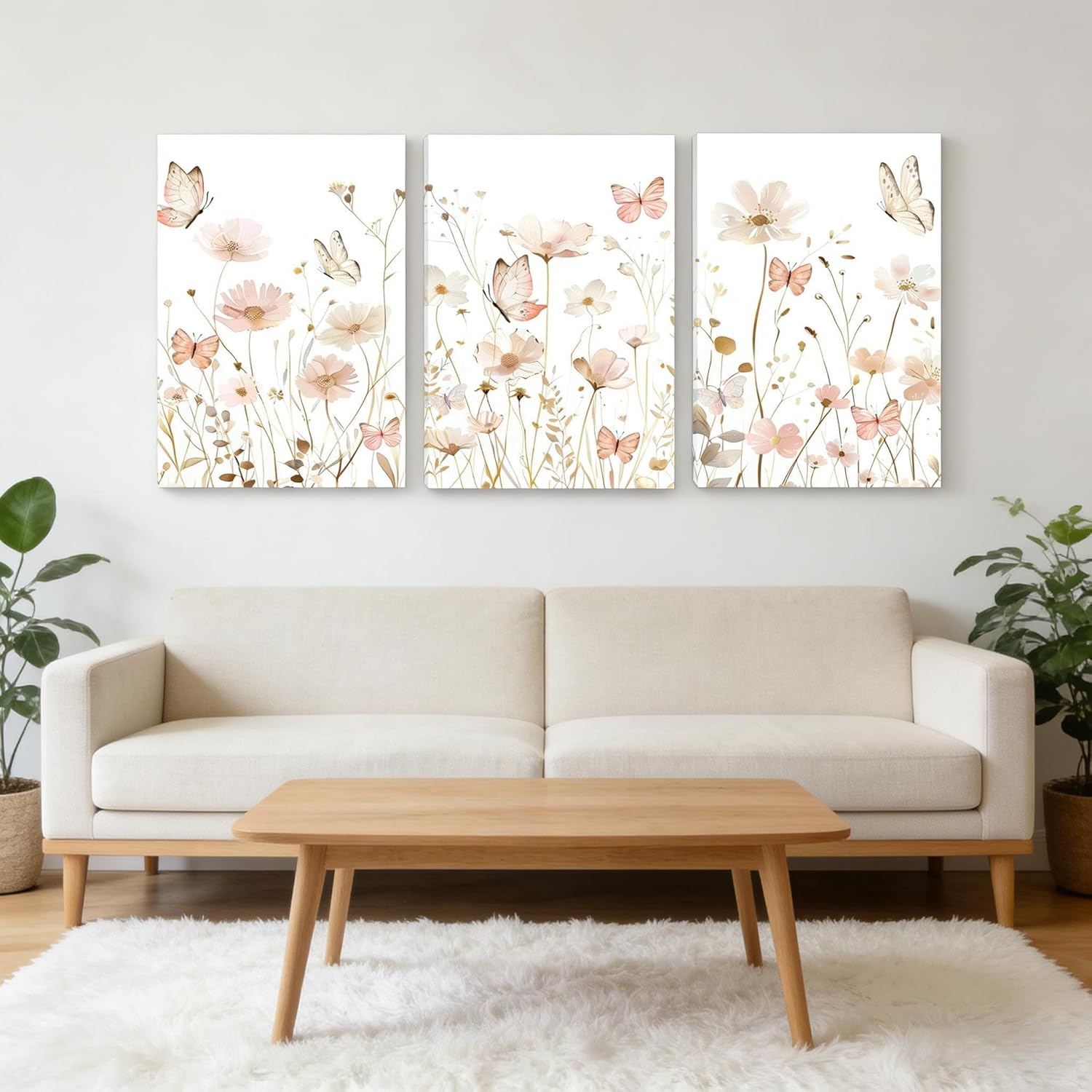 3 PCS Pink Butterfly Wildflower Canvas Wall Art Butterfly Painting Poster Nursery Room Wall Decor Pink Wildflower Pictures for Girls Living Room Bathroom Bedroom Home Decoration 12*16 in ( Stretched Canvas on A Wooden Frame)