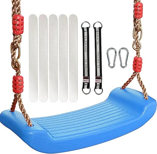 Asiento de columpio de plástico, asiento de columpio para niños con cuerda ajustable de 6.6 pies y 2 mosquetones, columpios azules Pro con cinta