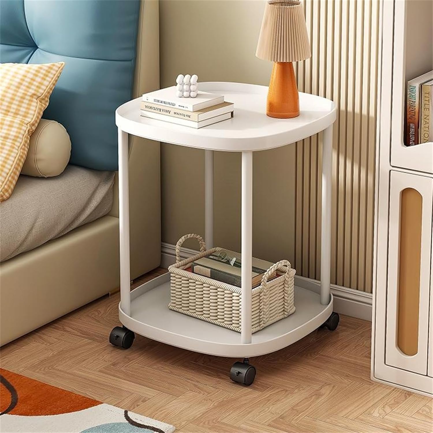 TAME End Table, 2 Tier Side Table for Living Room, Folding Round Plastic End Table Small