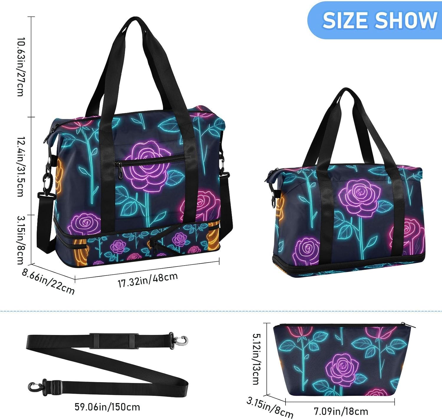 Colorful Neon Fluorescent Roses Sports Gym Bag Carry On Tote Bag with Adjustable Strap for Travel Foldable