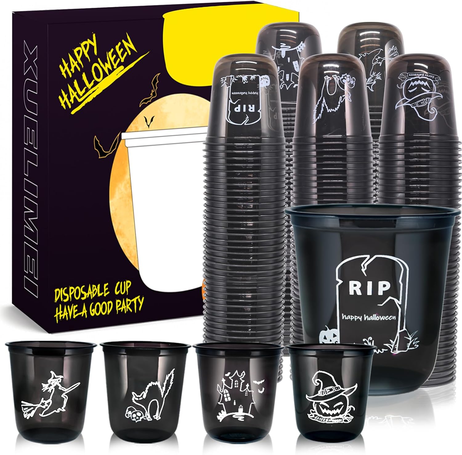 12oz Halloween Disposable Plastic Cups-Happy Halloween Disposable Clear Cups with 5 Styles for Party Supplies，Coffee, Beer, Drinks, Ice Cream, Snacks (100)