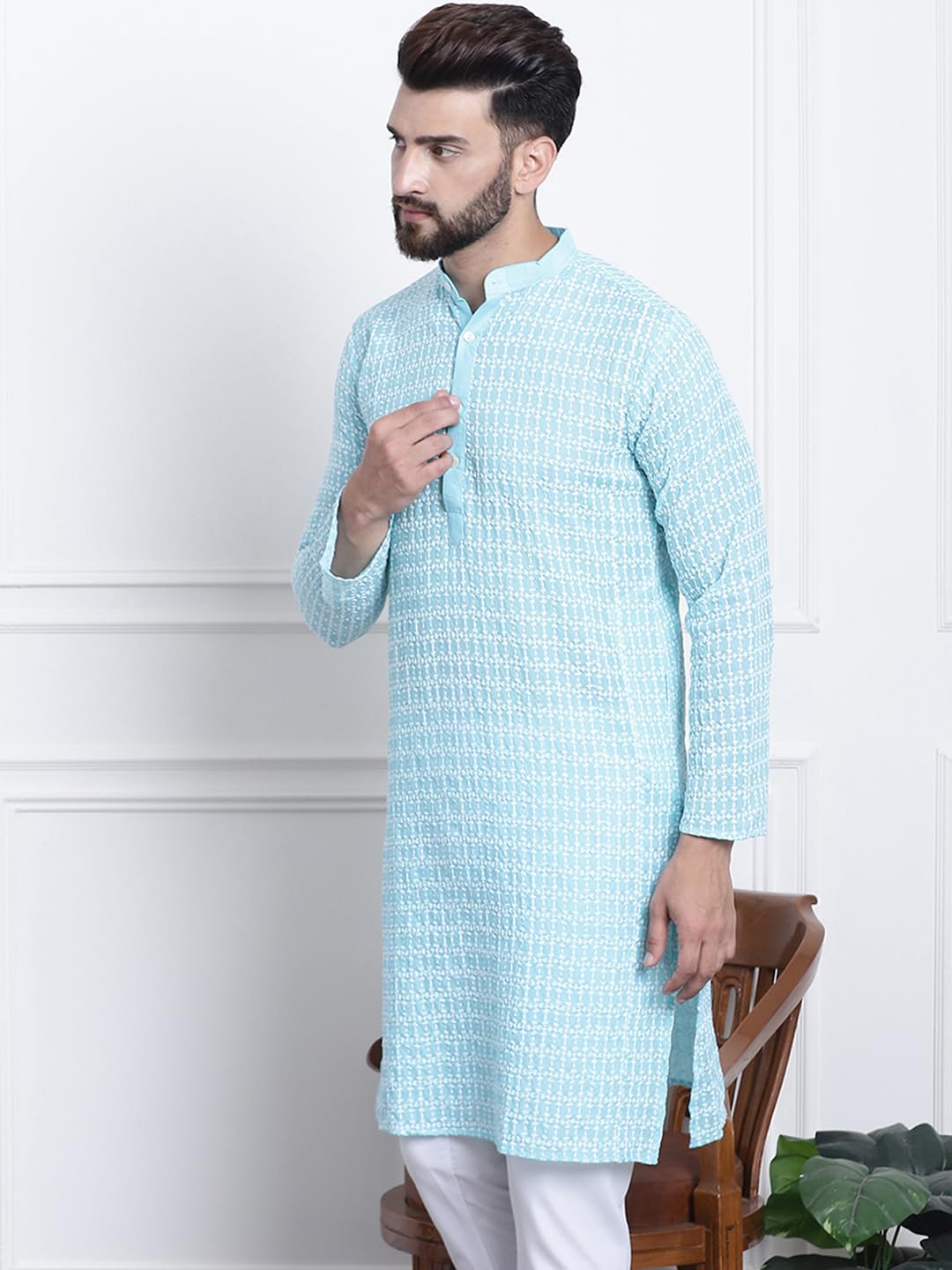 Sojanya (Since 1958 Men's Pure Cotton Blue With White Embroidery Only Long Kurta