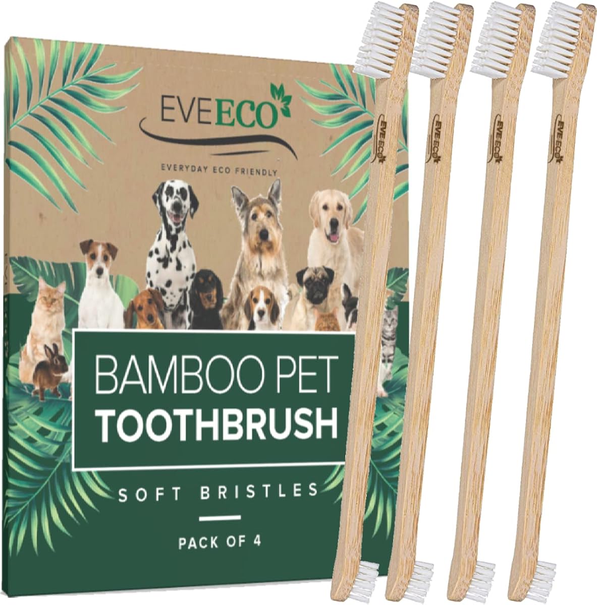 Paquete de 4 cepillos de dientes de bambú para perros y mascotas: 2 cabezales de cepillo grandes y pequeños con uso extralargo de 8.5" con pasta de dientes para eliminar caries, mal aliento y sarro para cachorros, gatos y gatitos