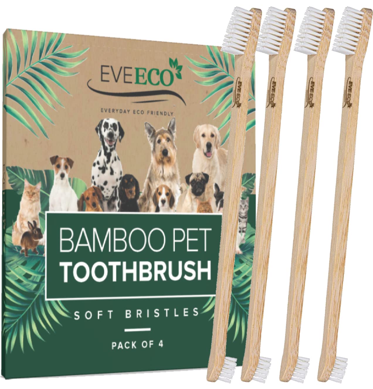 Paquete de 4 cepillos de dientes de bambú para perros y mascotas, 2 cabezales de cepillo grandes y pequeños con extra largo de 8.5 pulgadas, uso con pasta de dientes para eliminar caries, mal