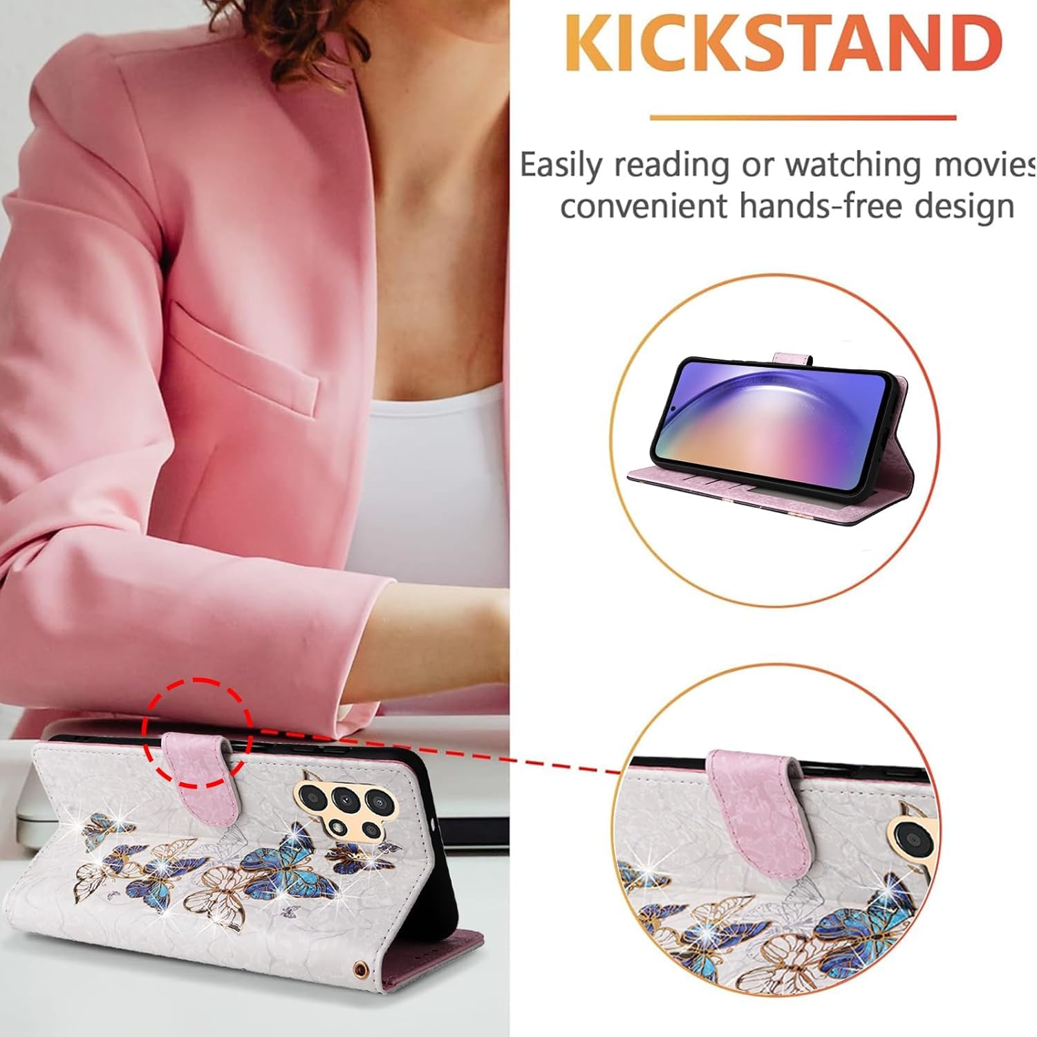 UEEBAI Wallet Case for Samsung Galaxy S25 Ultra 5G, PU Leather Phone Case Kickstand RFID Blocking Flip Case Card Slots Wrist Strap Relief Engraved Pattern Magnetic Closure Flower Case, BlueButterfly