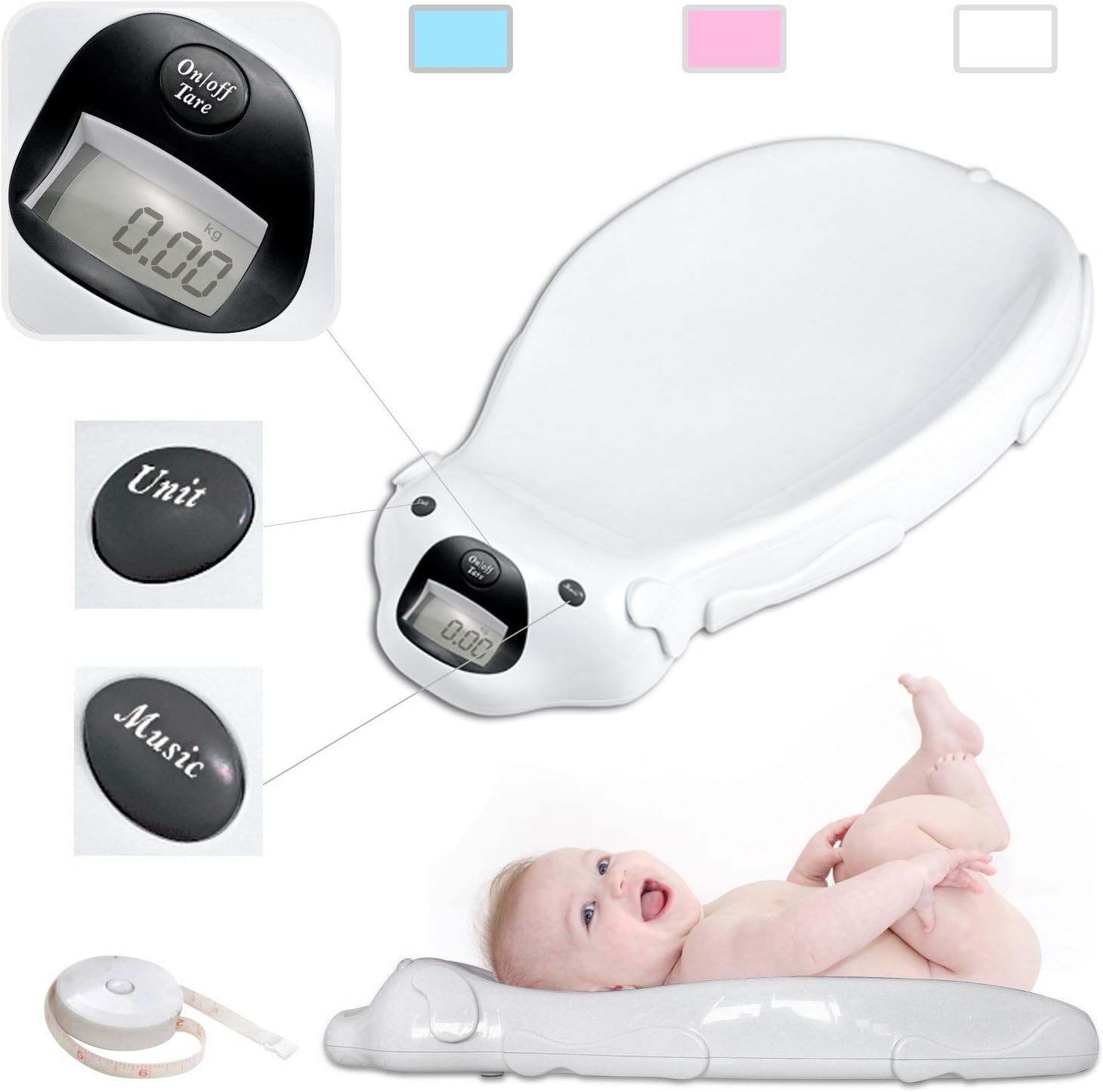 Todeco - Baby Scale, Electric Baby Scale - Size: 65.4 x 33.2 x 11.6 cm - Maximum load: 44 lbs - White